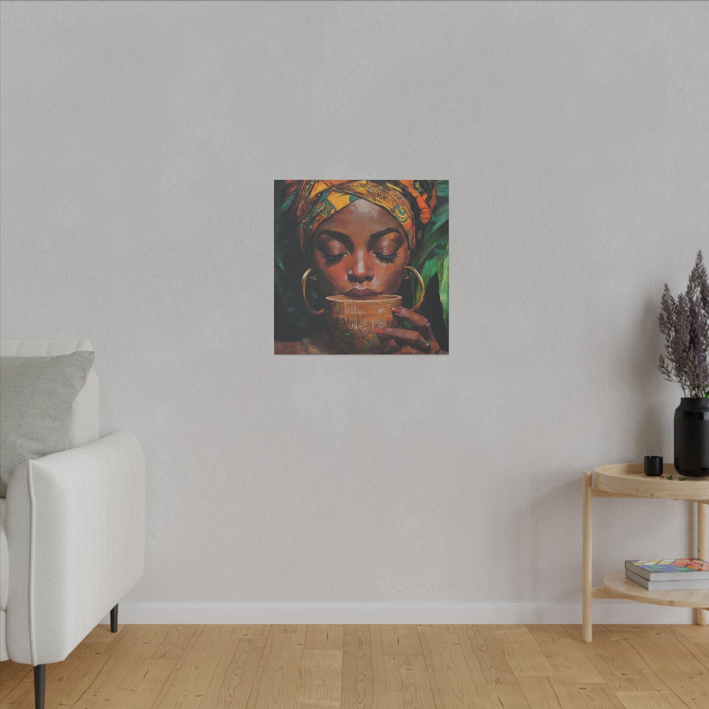 Sips of Serenity Matte Canvas, Stretched, 0.75", African art, nouveau, cultural wall hanging, decor
