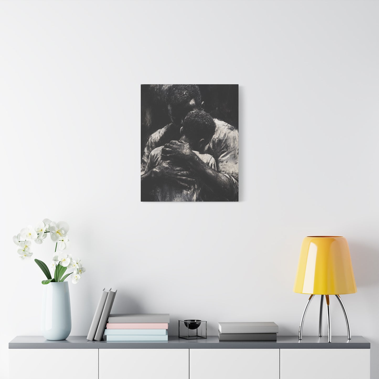 A Father's Embrace Canvas Print, Black Father and Son Charcoal Drawing, Matte Finish Artwork, Wall Decor Gift