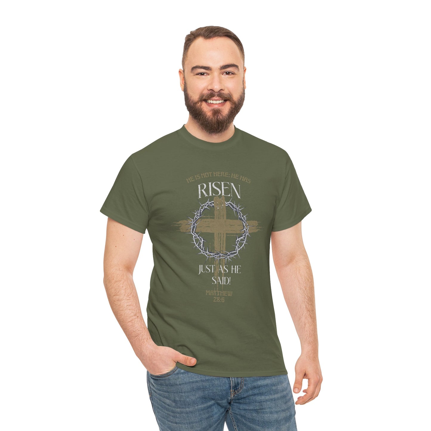 Christian Cross T-Shirt, Matthew 28:6 Scripture Tee, Religious Graphic Shirt, Unisex Cotton Top, Easter Gift, Inspirational Apparel