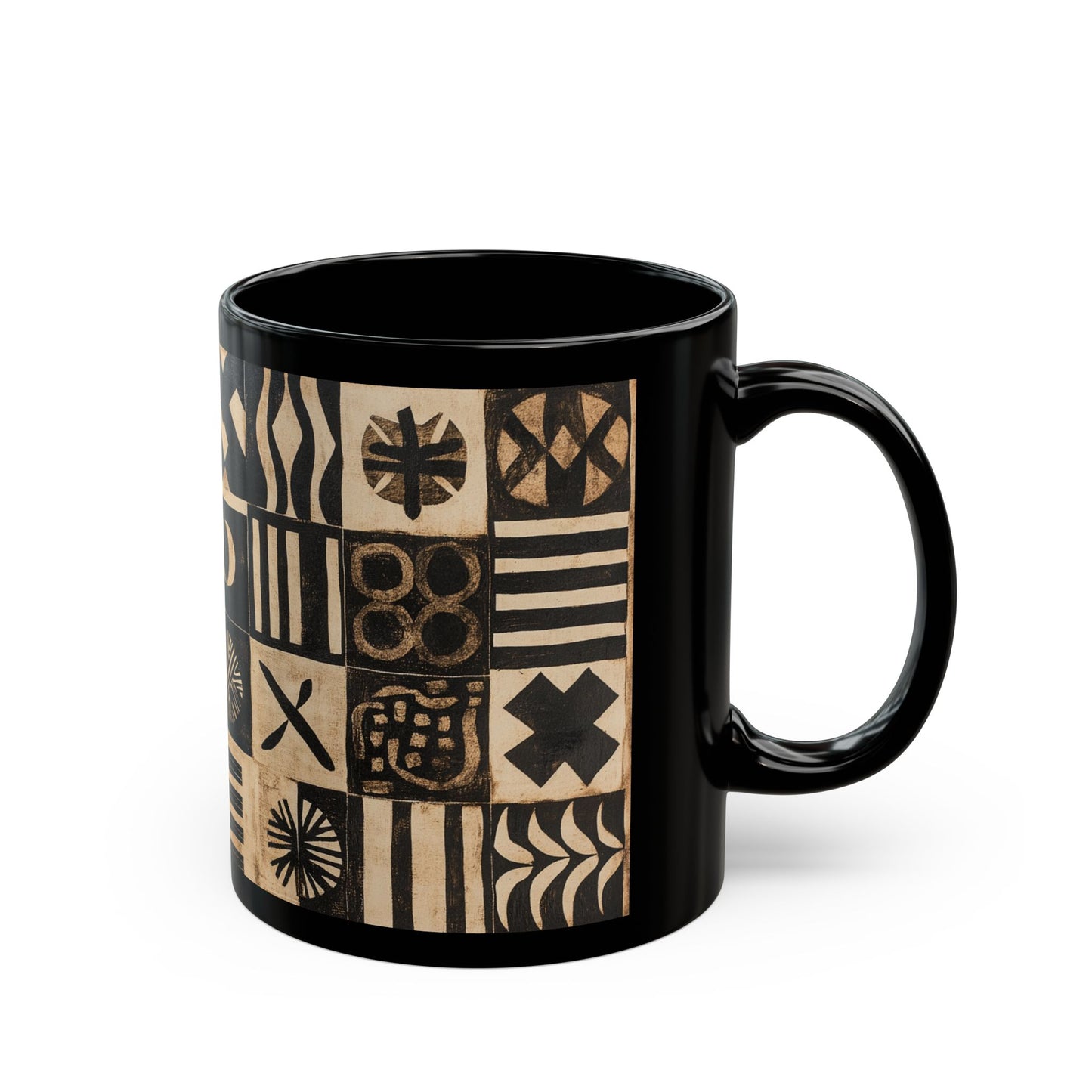 African Print Black Mug (11oz, 15oz), mud cloth cup, tribal, art, cultural gift, coffee lover