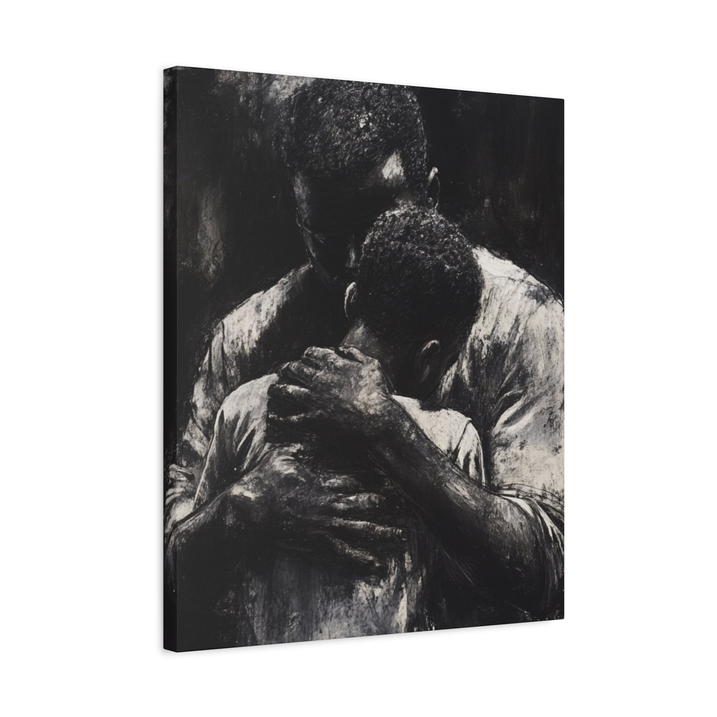 A Father's Embrace Canvas Print, Black Father and Son Charcoal Drawing, Matte Finish Artwork, Wall Decor Gift