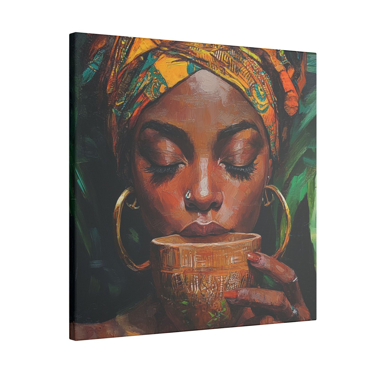 Sips of Serenity Matte Canvas, Stretched, 0.75", African art, nouveau, cultural wall hanging, decor
