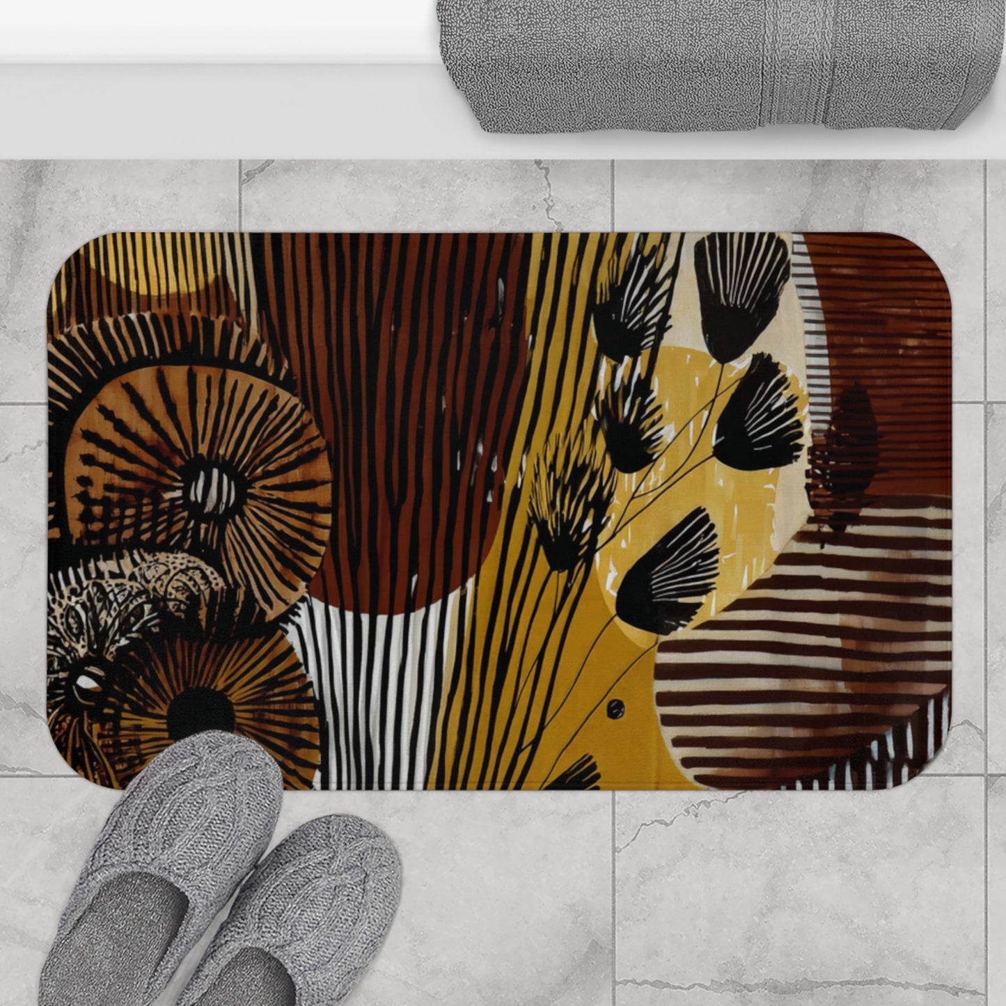 Harvest Bloom Bath Mat, Abstract Floral, Boho Bathroom Decor, Eco-Friendly Bath Mat