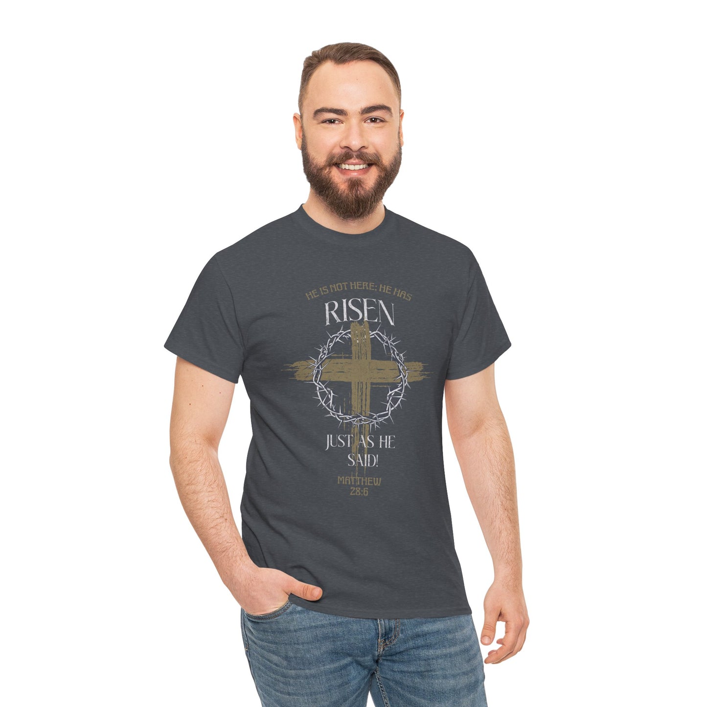 Christian Cross T-Shirt, Matthew 28:6 Scripture Tee, Religious Graphic Shirt, Unisex Cotton Top, Easter Gift, Inspirational Apparel