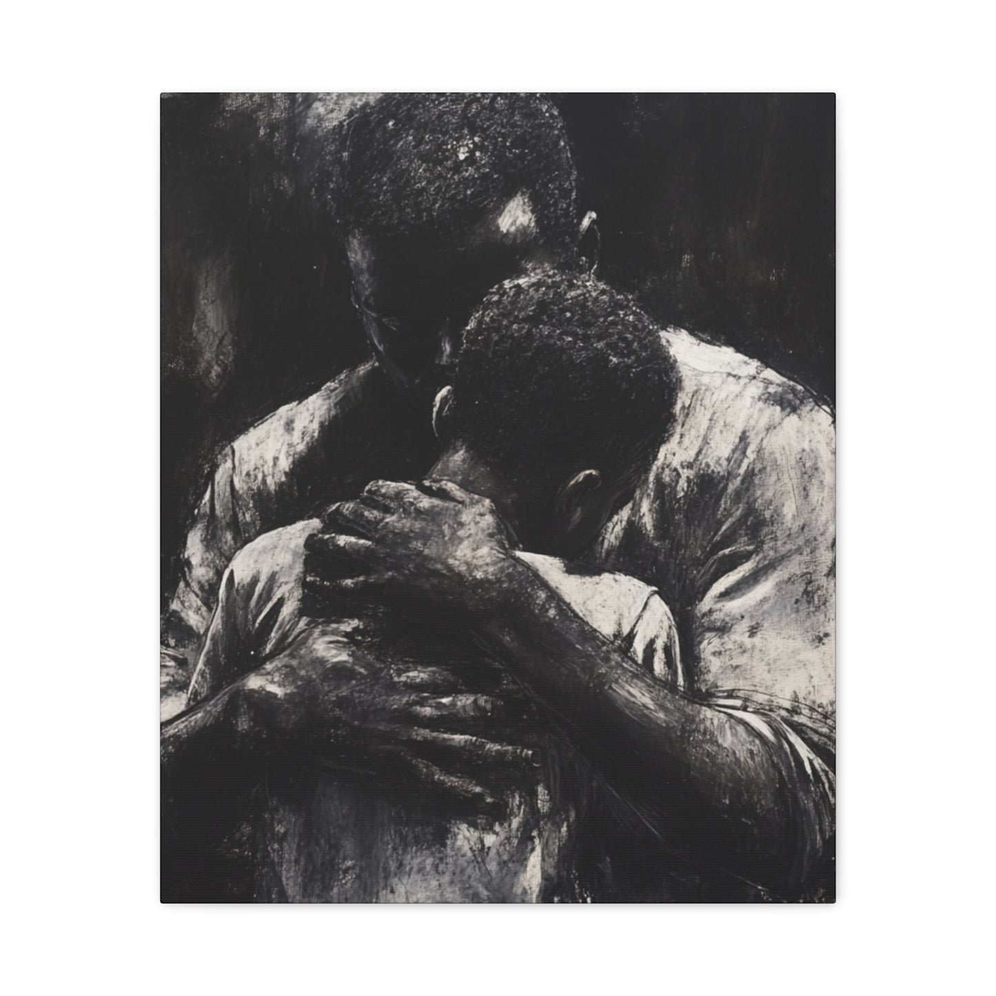 A Father's Embrace Canvas Print, Black Father and Son Charcoal Drawing, Matte Finish Artwork, Wall Decor Gift