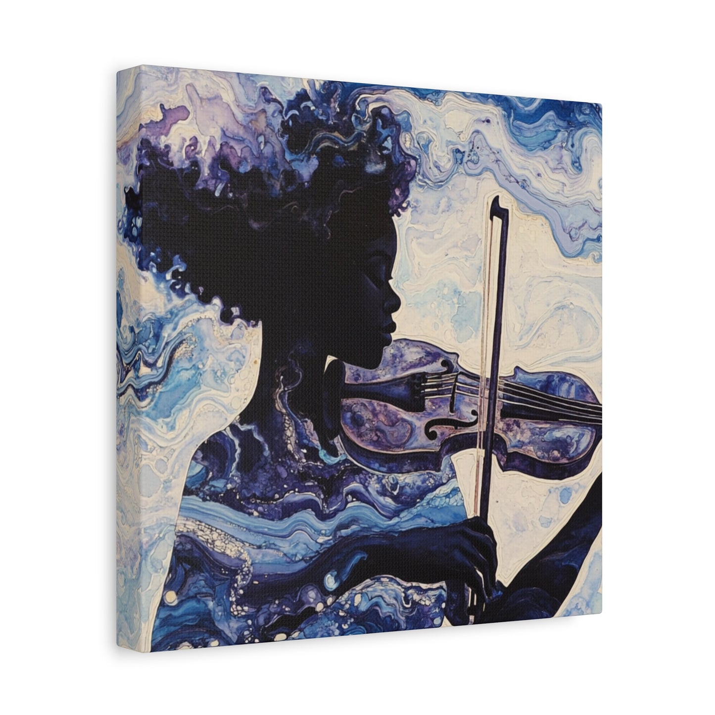 Canvas Art, Melodic Flow - Black Woman Playing Violin, Watercolor Painting, Music Notes, Blues and Purples, Ethereal Soulful Design, Wall