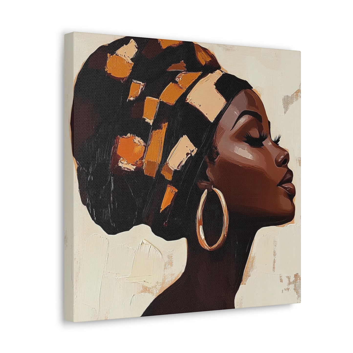 Wrapped in Wisdom Canvas Art, African American Woman Painting, Headwrap Hoop Earrings, Earth Tone Brush Strokes, Home Decor Wall Hanging,