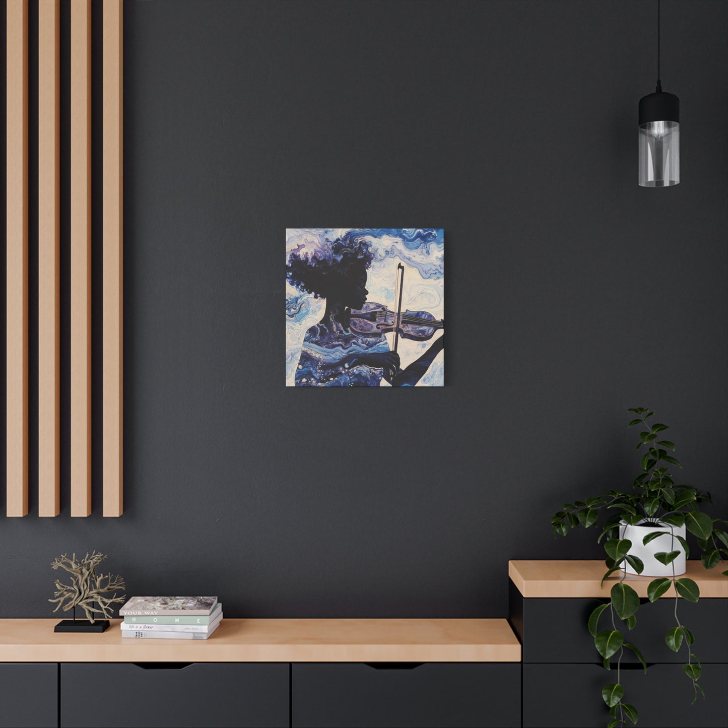 Canvas Art, Melodic Flow - Black Woman Playing Violin, Watercolor Painting, Music Notes, Blues and Purples, Ethereal Soulful Design, Wall
