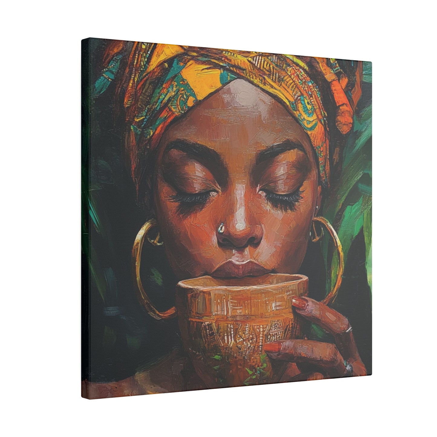 Sips of Serenity Matte Canvas, Stretched, 0.75", African art, nouveau, cultural wall hanging, decor