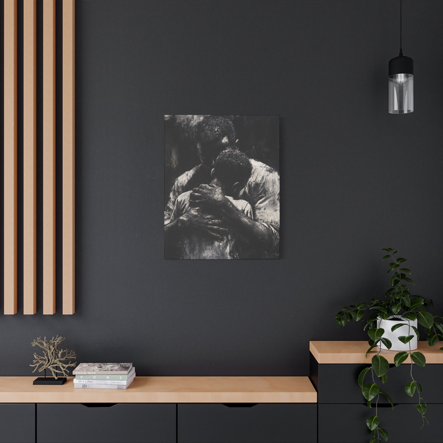 A Father's Embrace Canvas Print, Black Father and Son Charcoal Drawing, Matte Finish Artwork, Wall Decor Gift