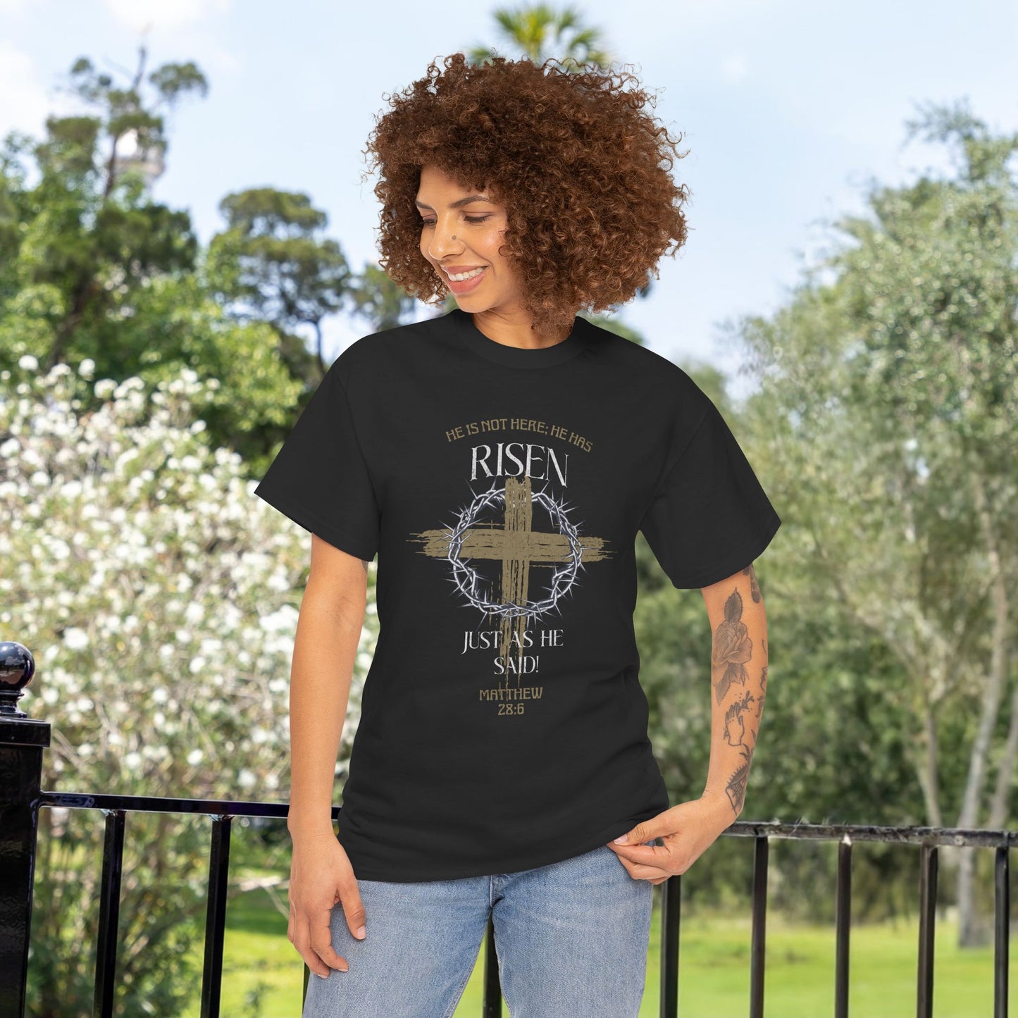 Christian Cross T-Shirt, Matthew 28:6 Scripture Tee, Religious Graphic Shirt, Unisex Cotton Top, Easter Gift, Inspirational Apparel