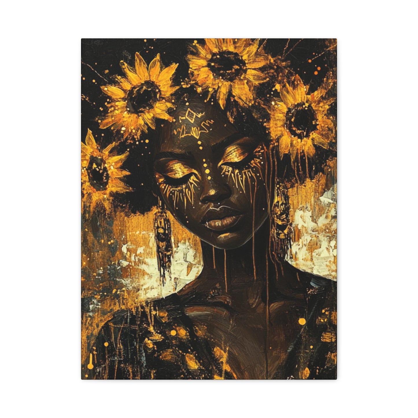Sunflower Empress Canvas Art, Stretched, 1 25", Dark-Skinned Woman with Golden Tribal Markings, Afro Crowned with Sunflowers