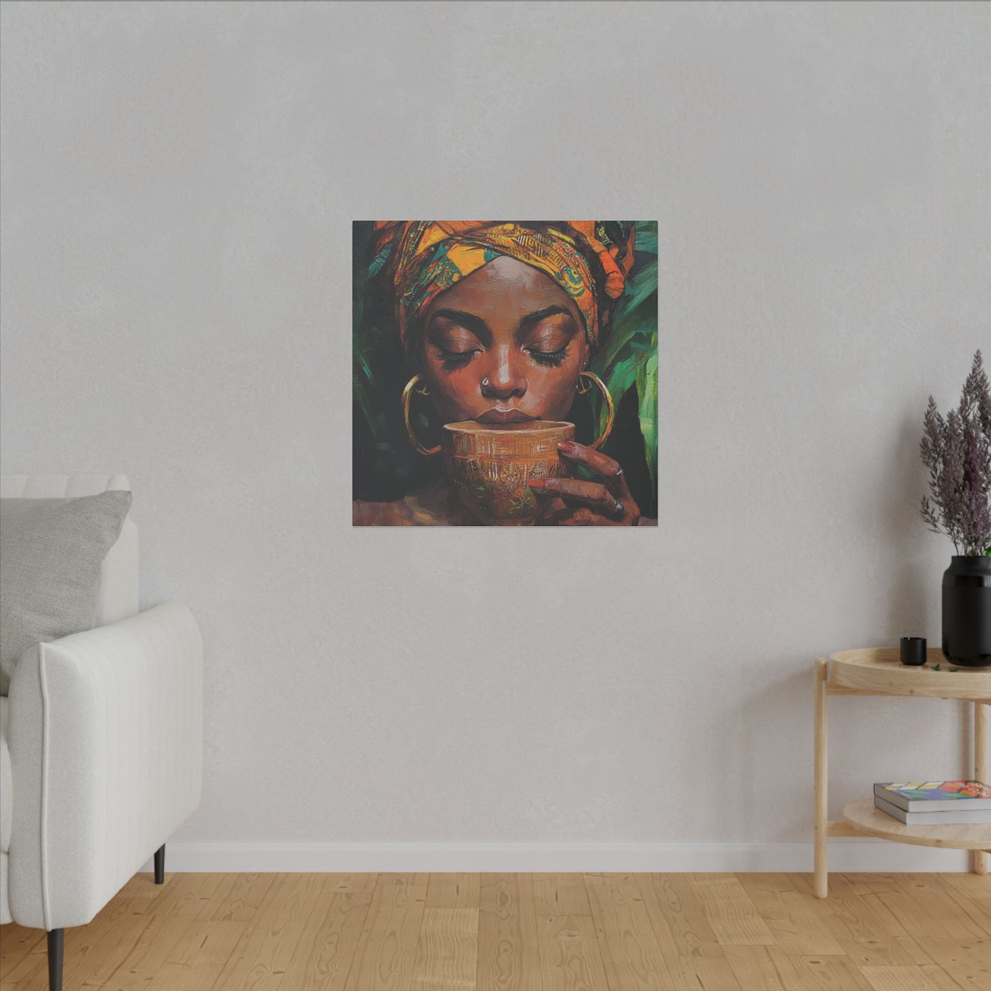 Sips of Serenity Matte Canvas, Stretched, 0.75", African art, nouveau, cultural wall hanging, decor