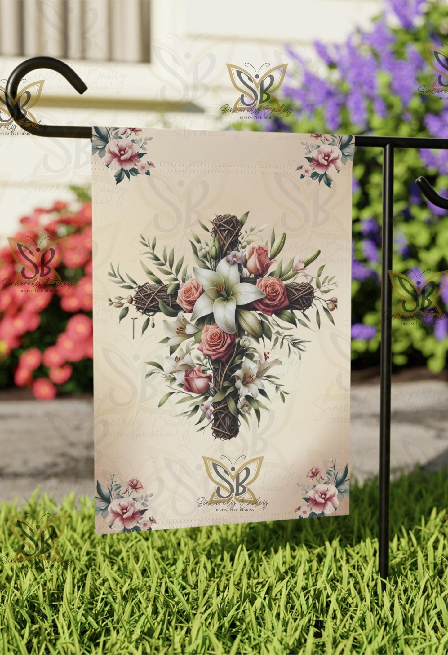 Personalized Floral Cross Garden Banner - Outdoor Decor, Yard Sign, Religious Home Decoration, Garden Flag, Memorial Tribute