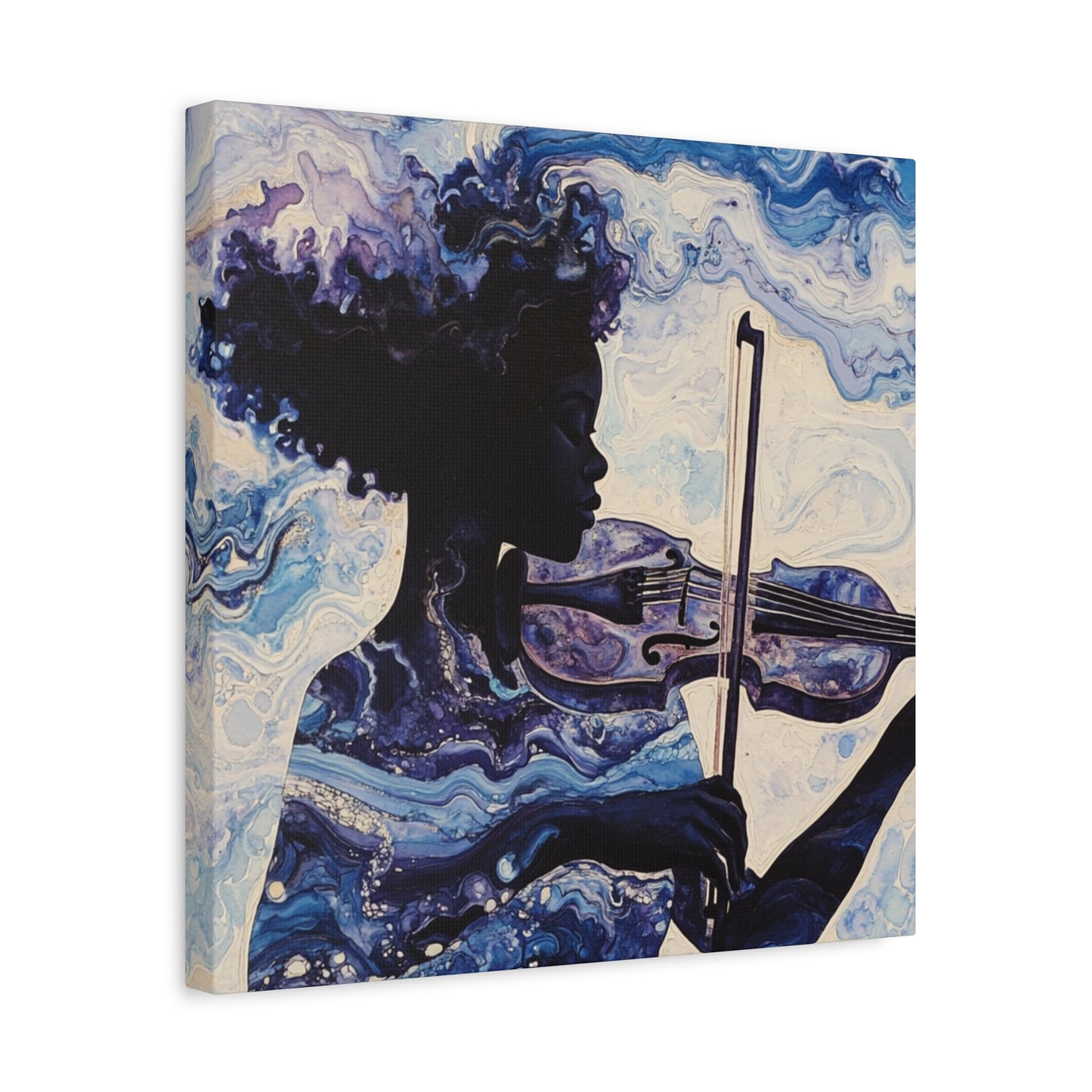Canvas Art, Melodic Flow - Black Woman Playing Violin, Watercolor Painting, Music Notes, Blues and Purples, Ethereal Soulful Design, Wall