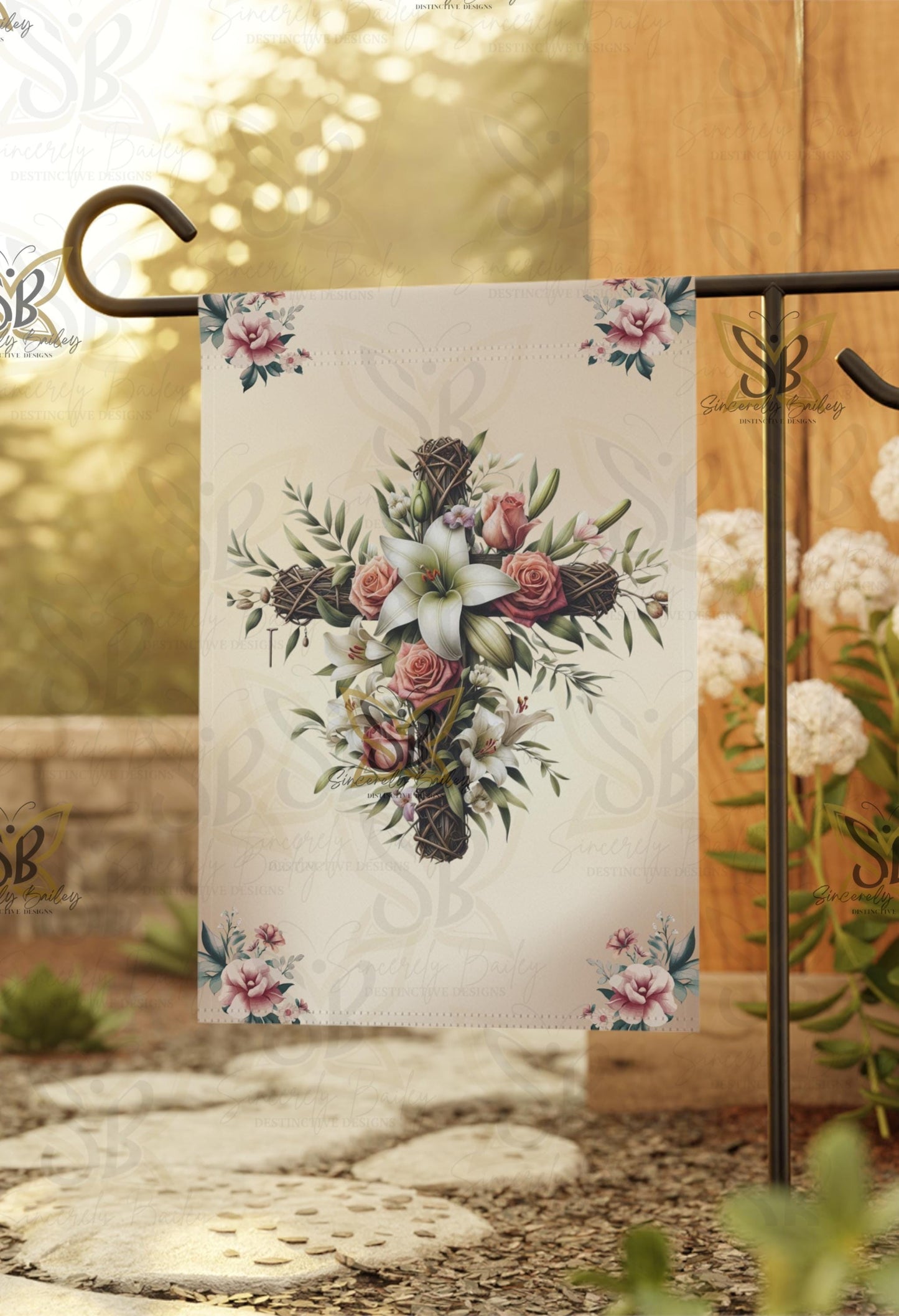 Personalized Floral Cross Garden Banner - Outdoor Decor, Yard Sign, Religious Home Decoration, Garden Flag, Memorial Tribute