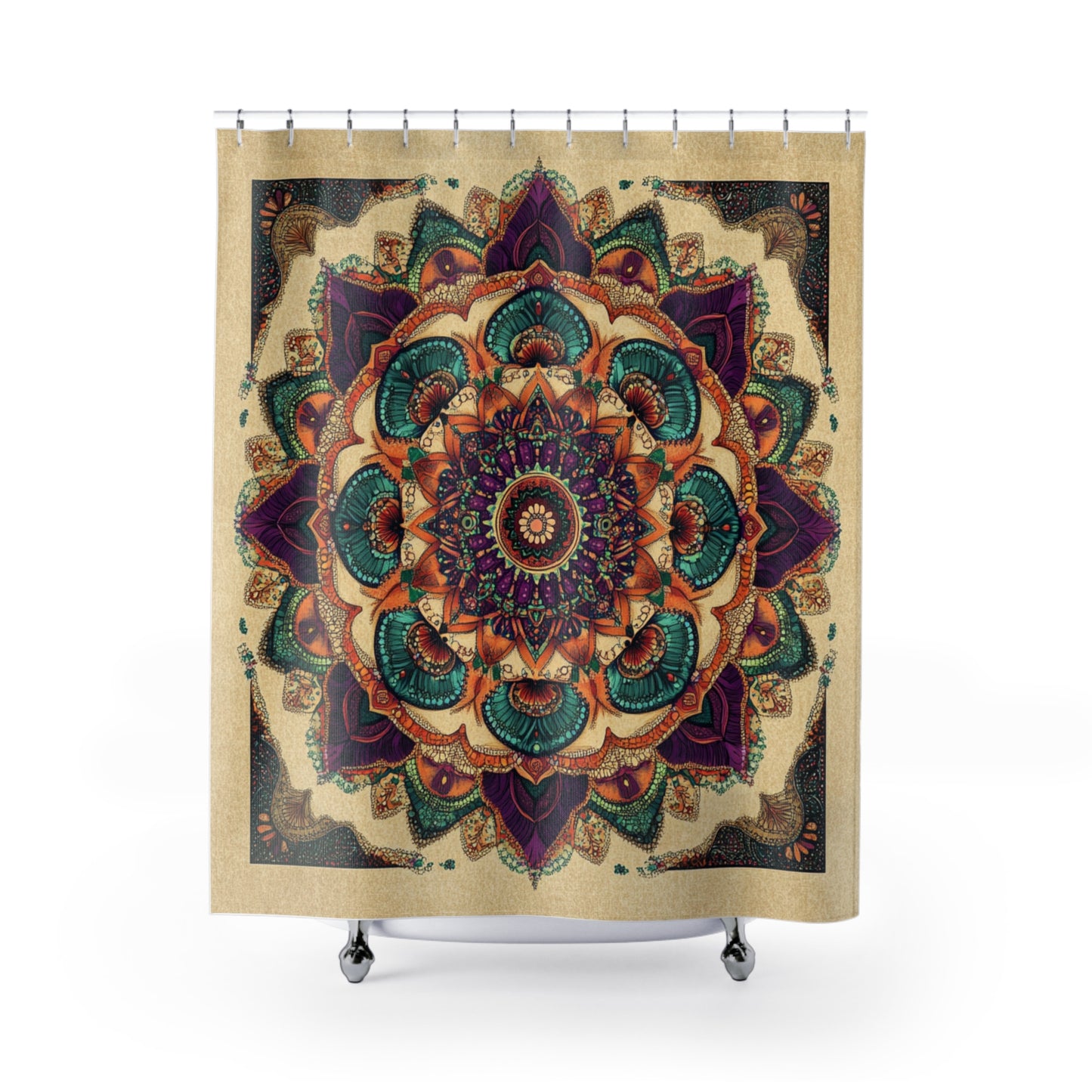 Mandala Shower Curtain, Bohemian Bathroom Decor, Purple Teal Orange Pattern, Symmetrical Design, Beige Background, Home Spa Accessories,