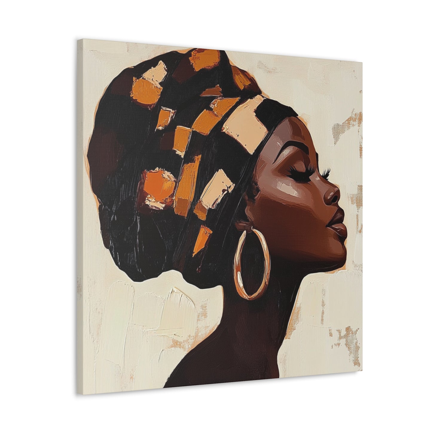 Wrapped in Wisdom Canvas Art, African American Woman Painting, Headwrap Hoop Earrings, Earth Tone Brush Strokes, Home Decor Wall Hanging,