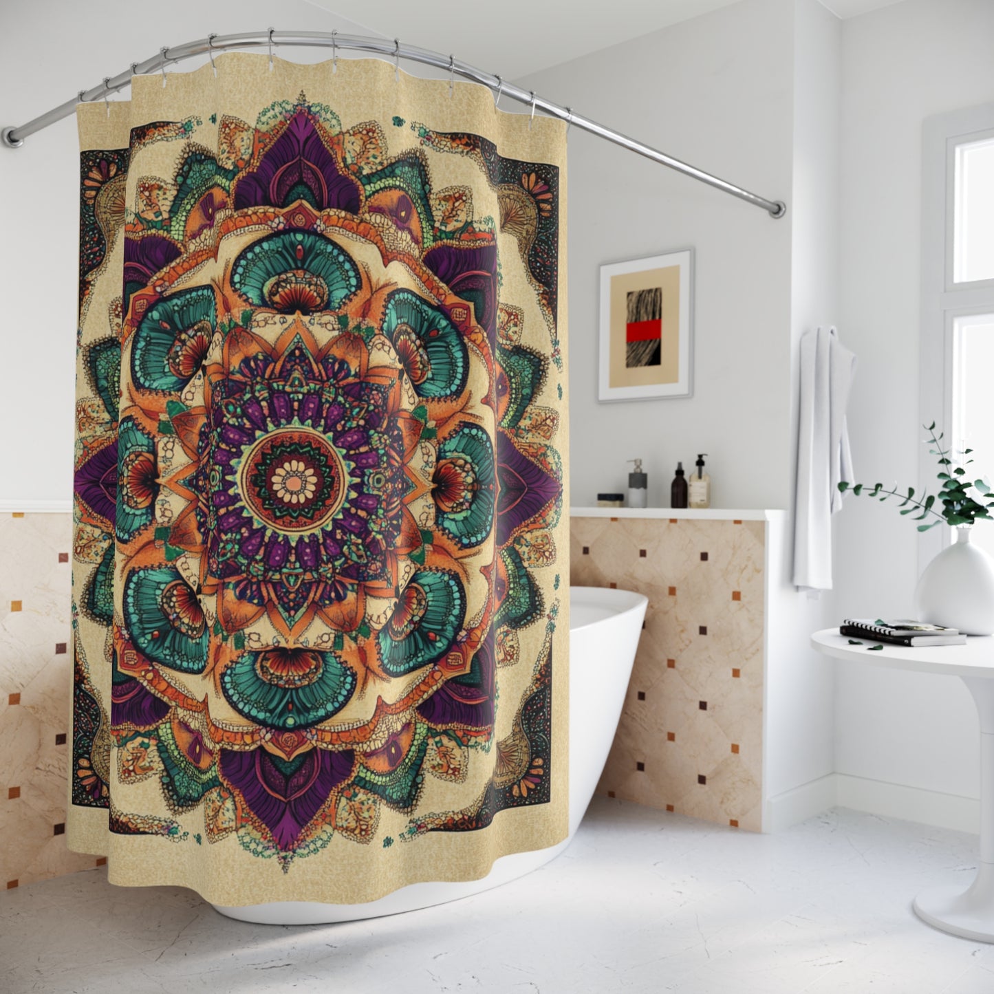 Mandala Shower Curtain, Bohemian Bathroom Decor, Purple Teal Orange Pattern, Symmetrical Design, Beige Background, Home Spa Accessories,