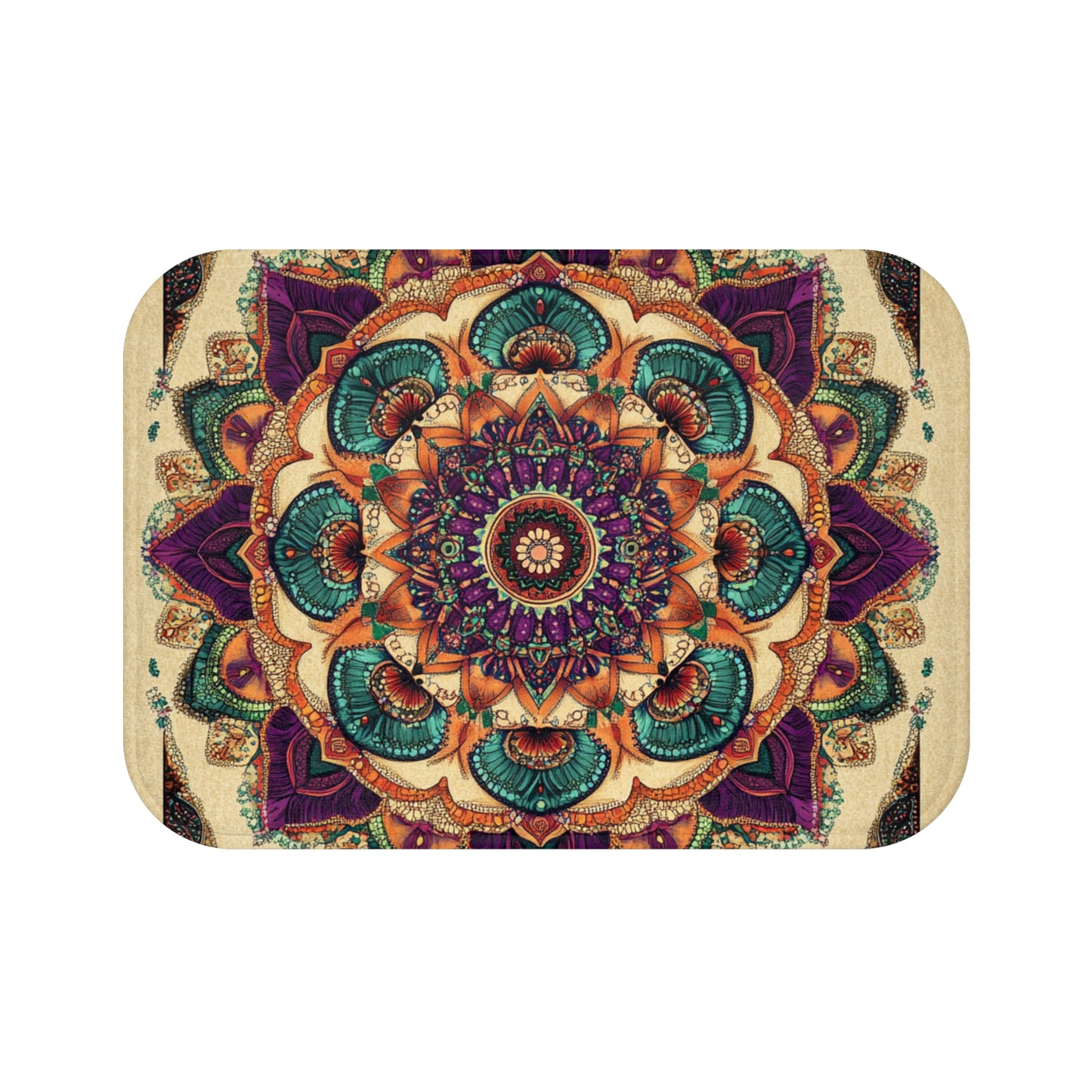 Bath Mat, Mandala Rug, Boho bathroom, Vibrant Teal Purple Orange Design, Symmetrical Pattern, Beige Background, Alternative
