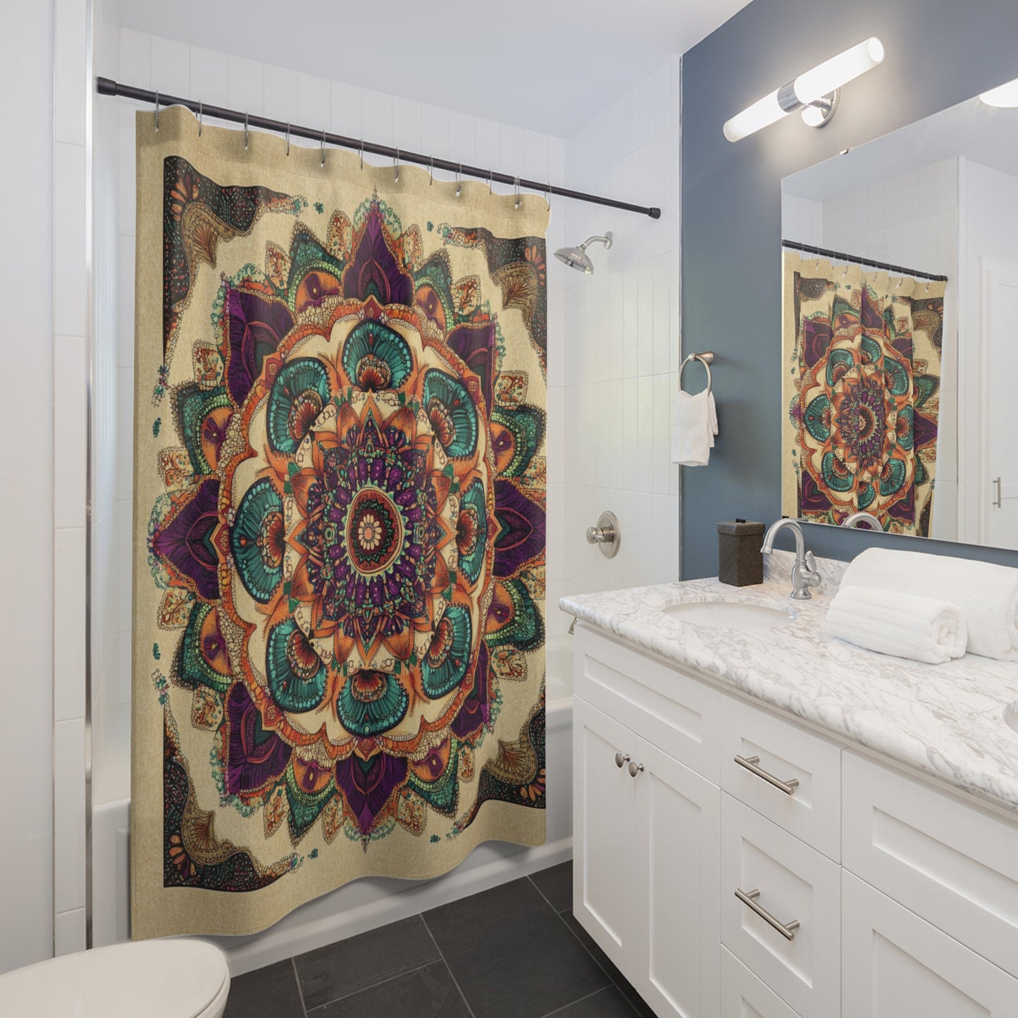 Mandala Shower Curtain, Bohemian Bathroom Decor, Purple Teal Orange Pattern, Symmetrical Design, Beige Background, Home Spa Accessories,