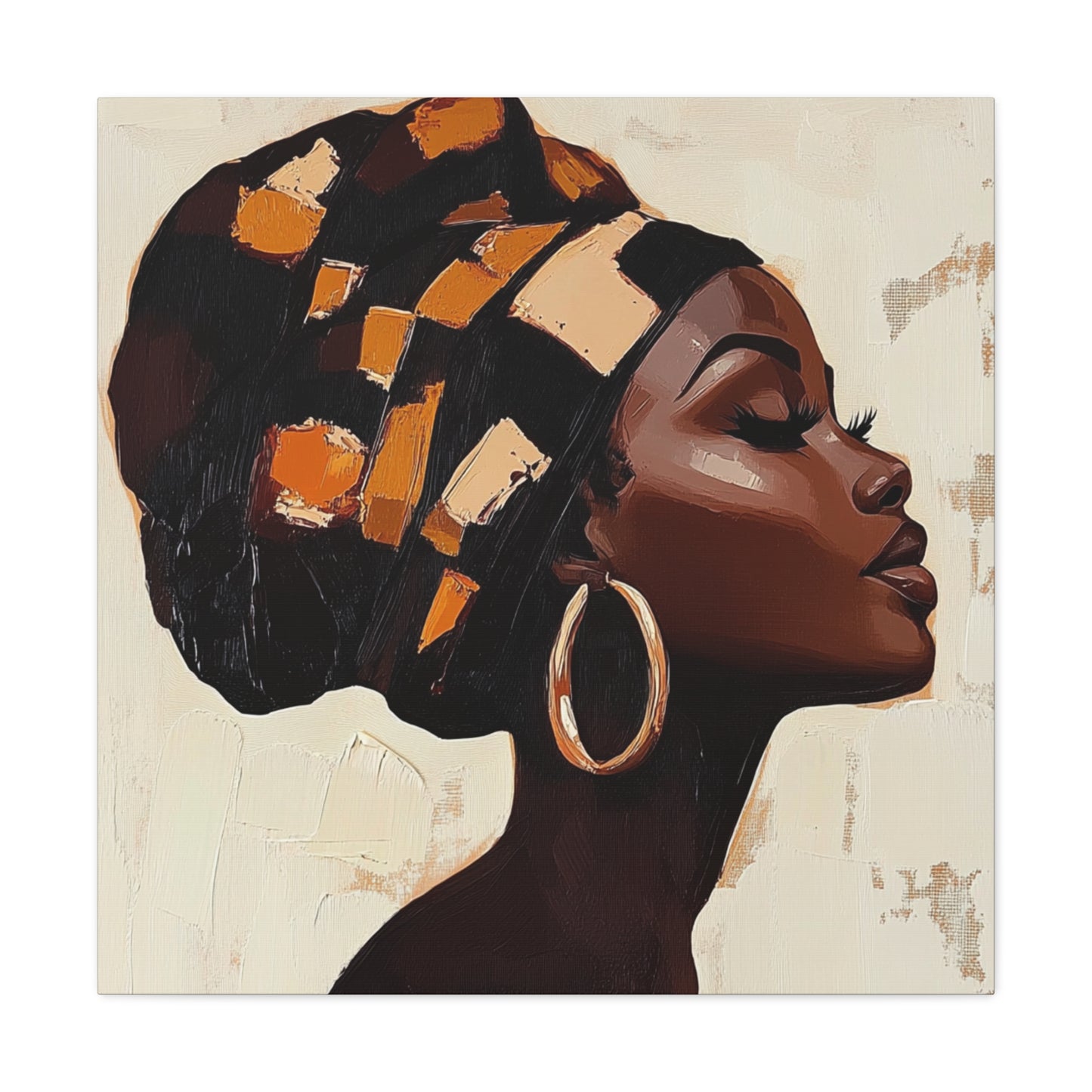 Wrapped in Wisdom Canvas Art, African American Woman Painting, Headwrap Hoop Earrings, Earth Tone Brush Strokes, Home Decor Wall Hanging,