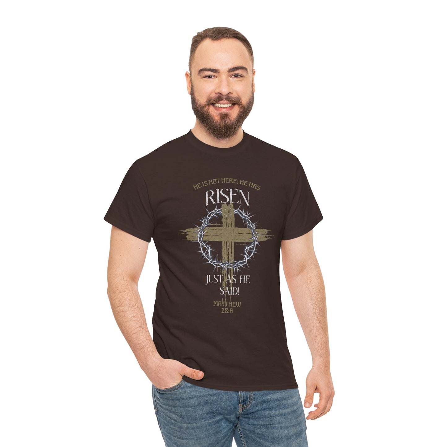 Christian Cross T-Shirt, Matthew 28:6 Scripture Tee, Religious Graphic Shirt, Unisex Cotton Top, Easter Gift, Inspirational Apparel
