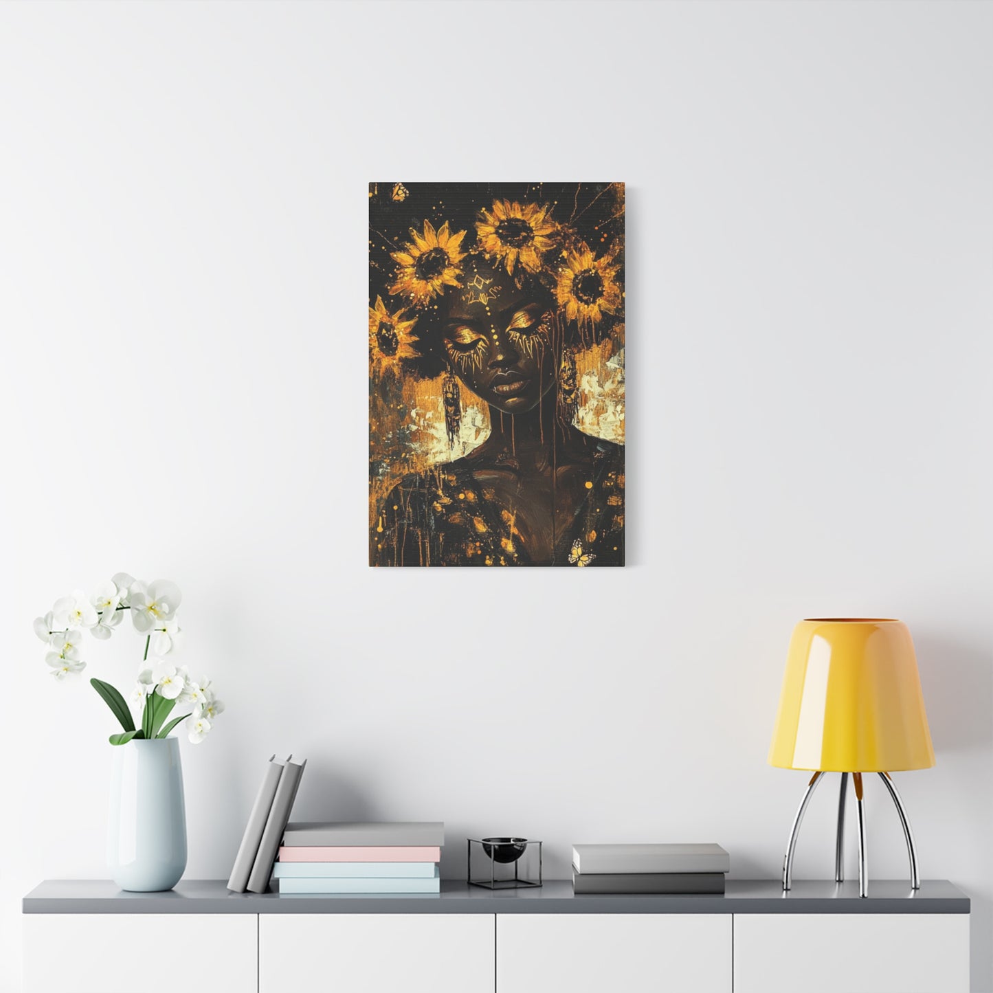Sunflower Empress Canvas Art, Stretched, 1 25", Dark-Skinned Woman with Golden Tribal Markings, Afro Crowned with Sunflowers