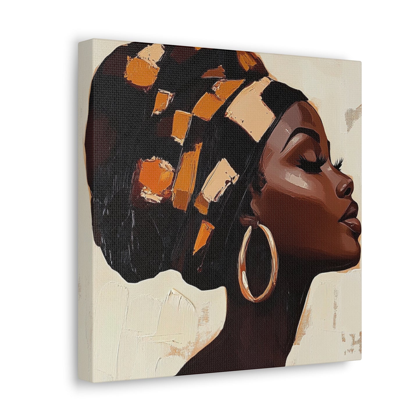 Wrapped in Wisdom Canvas Art, African American Woman Painting, Headwrap Hoop Earrings, Earth Tone Brush Strokes, Home Decor Wall Hanging,