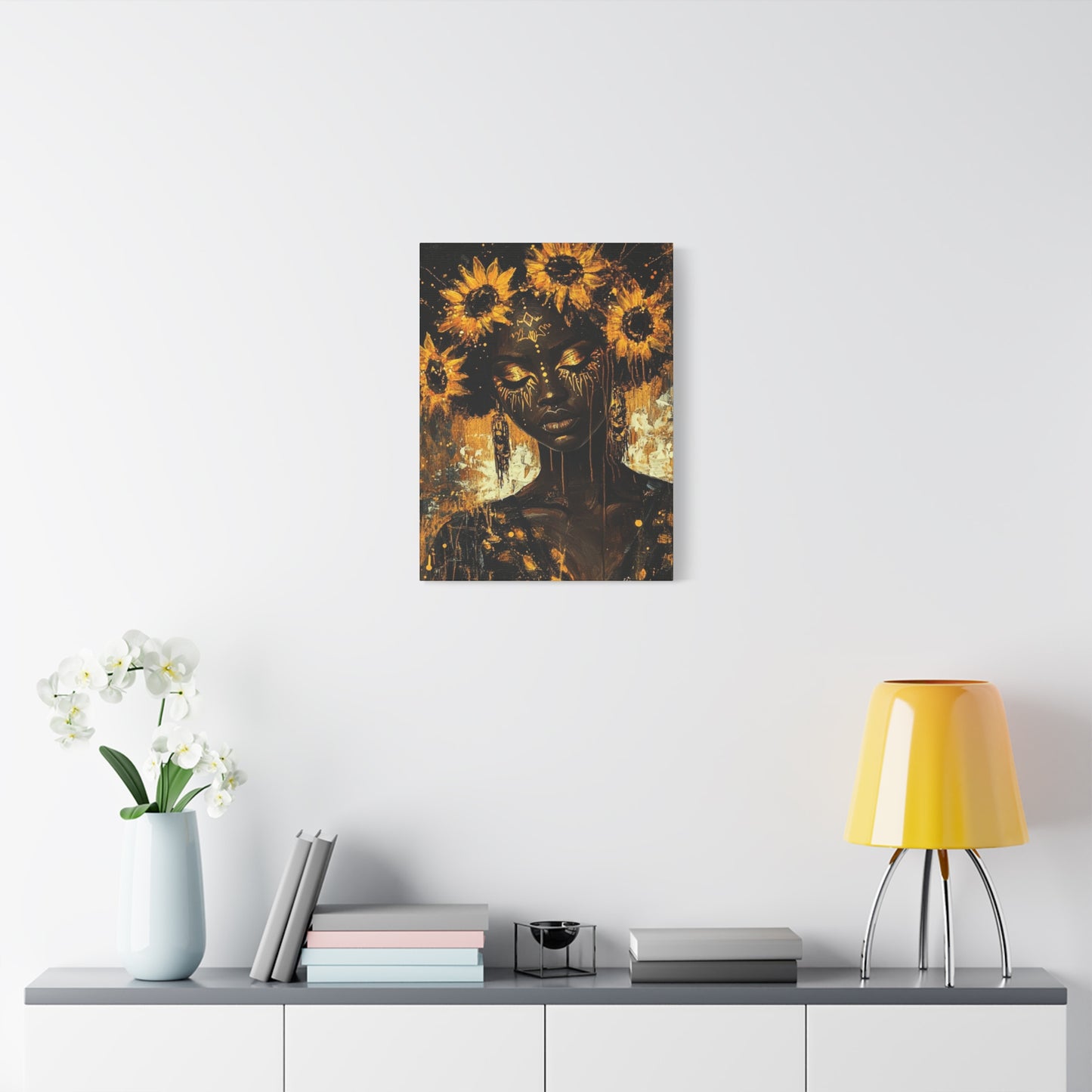 Sunflower Empress Canvas Art, Stretched, 1 25", Dark-Skinned Woman with Golden Tribal Markings, Afro Crowned with Sunflowers