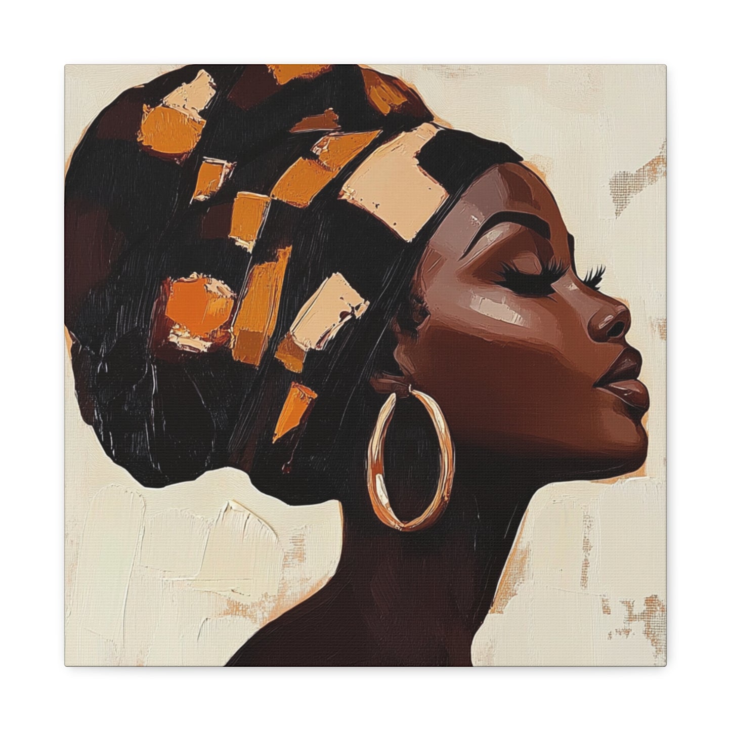 Wrapped in Wisdom Canvas Art, African American Woman Painting, Headwrap Hoop Earrings, Earth Tone Brush Strokes, Home Decor Wall Hanging,
