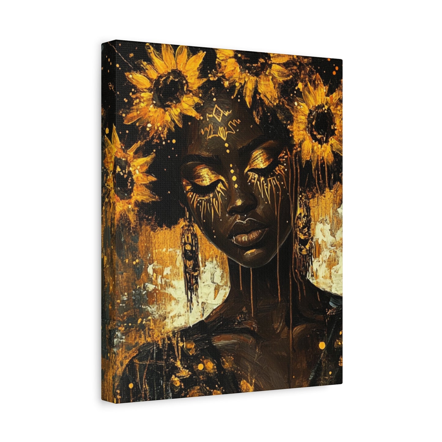 Sunflower Empress Canvas Art, Stretched, 1 25", Dark-Skinned Woman with Golden Tribal Markings, Afro Crowned with Sunflowers
