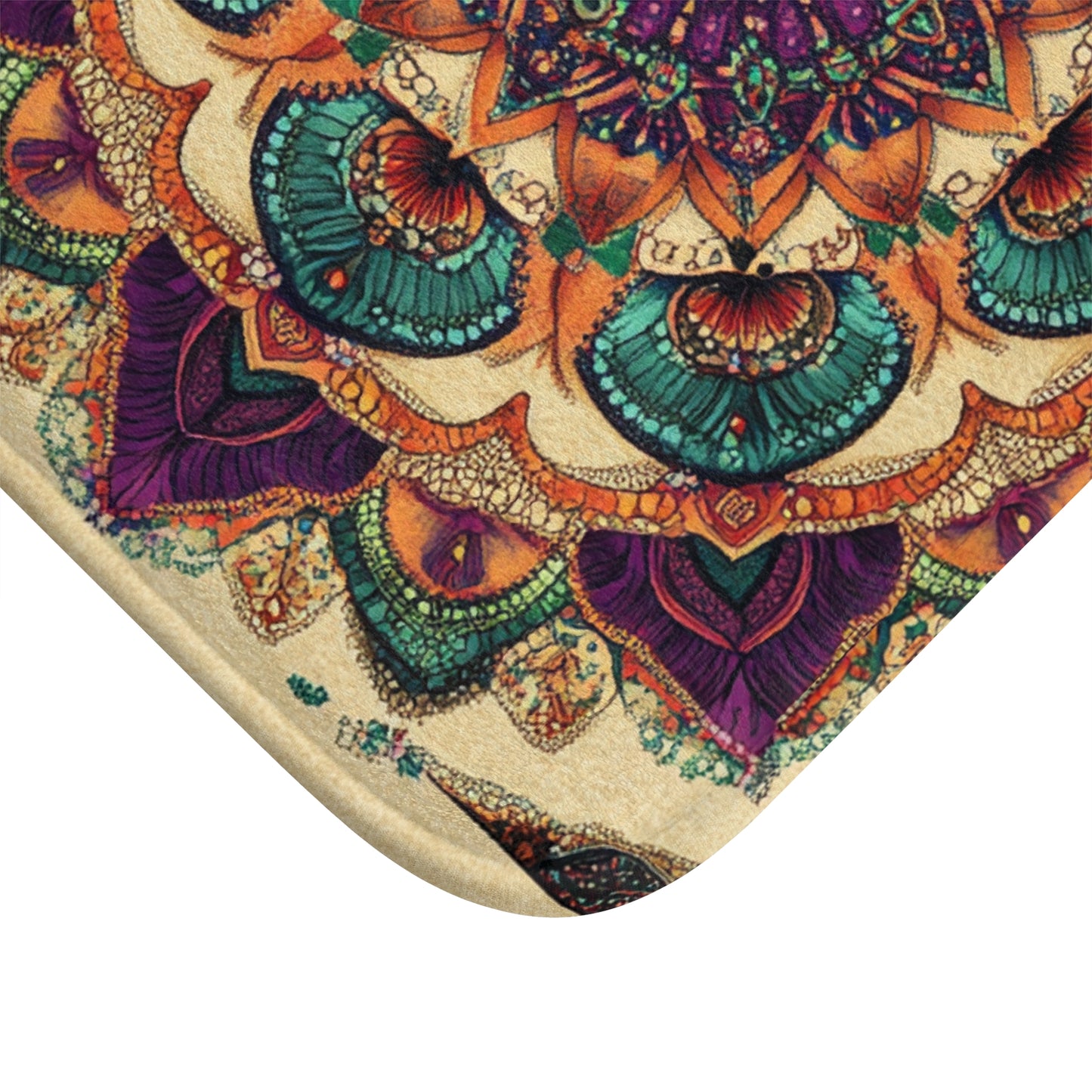 Bath Mat, Mandala Rug, Boho bathroom, Vibrant Teal Purple Orange Design, Symmetrical Pattern, Beige Background, Alternative