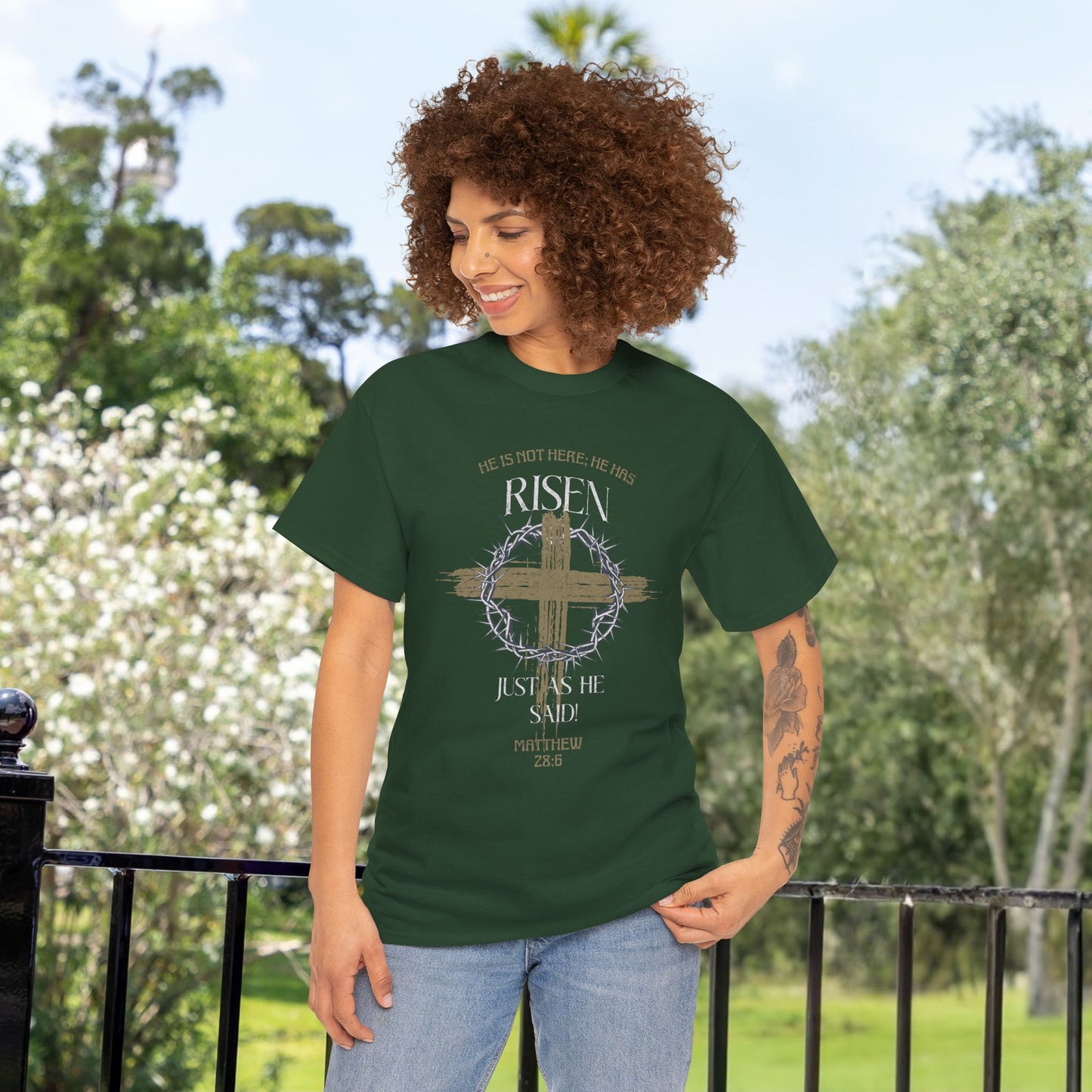 Christian Cross T-Shirt, Matthew 28:6 Scripture Tee, Religious Graphic Shirt, Unisex Cotton Top, Easter Gift, Inspirational Apparel