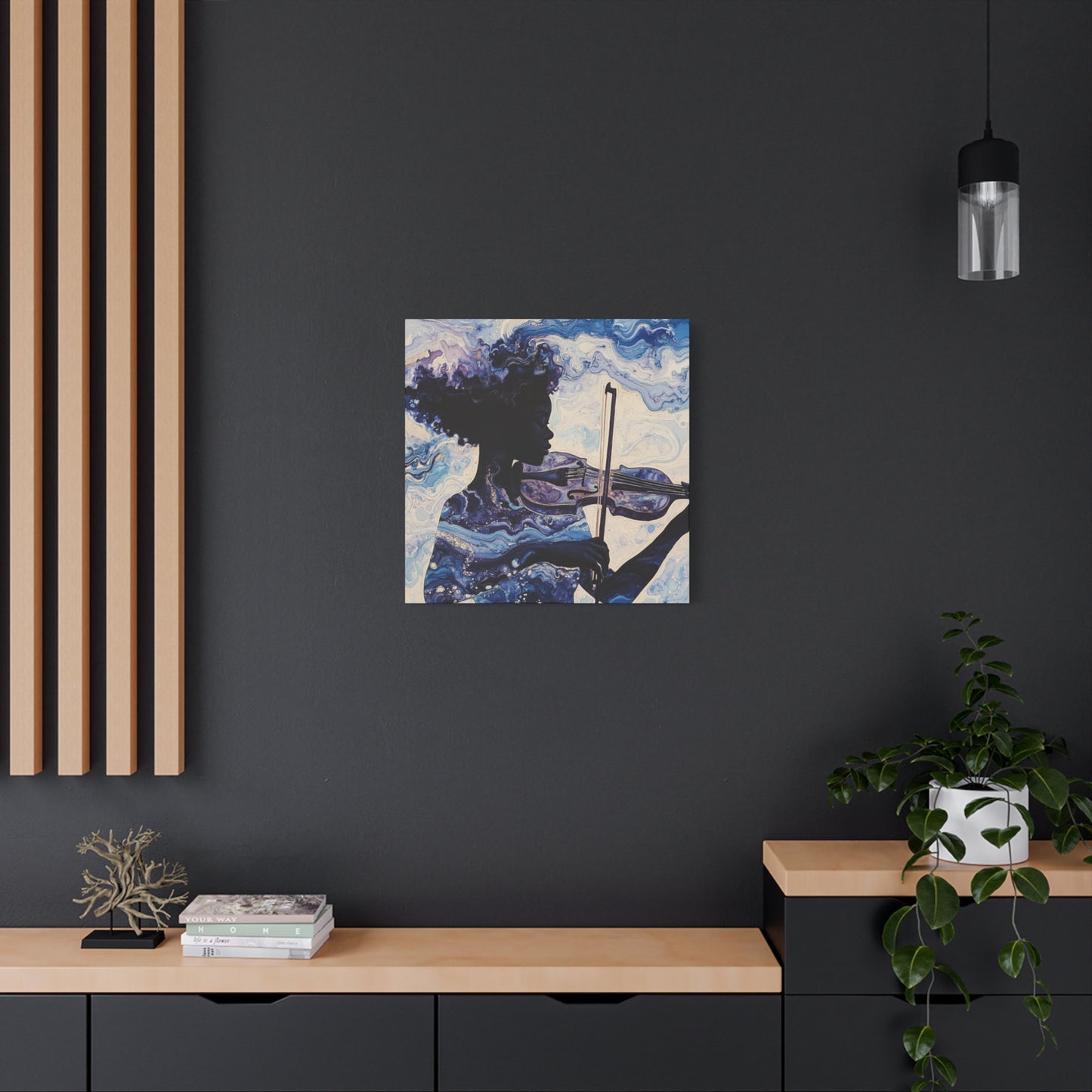 Canvas Art, Melodic Flow - Black Woman Playing Violin, Watercolor Painting, Music Notes, Blues and Purples, Ethereal Soulful Design, Wall
