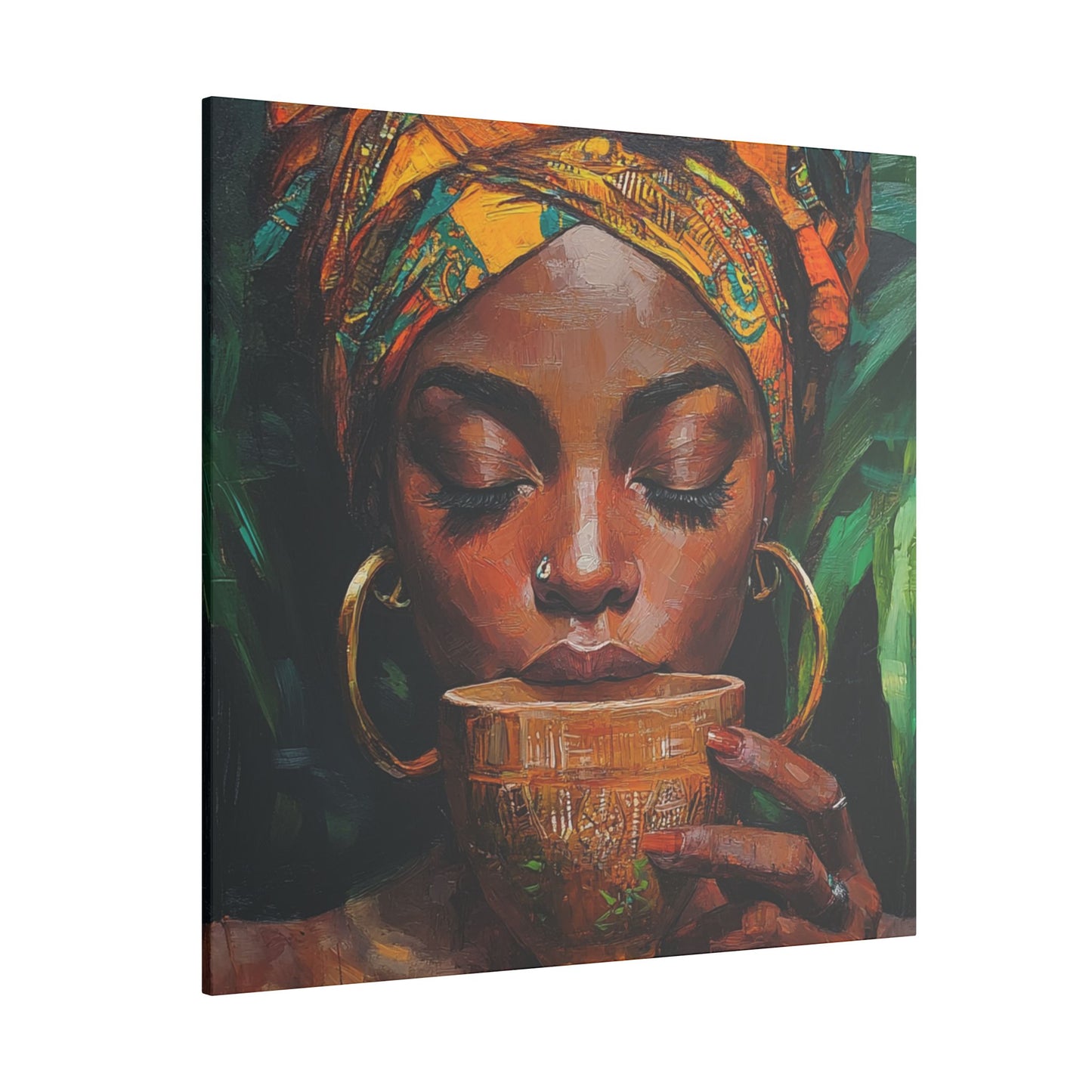 Sips of Serenity Matte Canvas, Stretched, 0.75", African art, nouveau, cultural wall hanging, decor