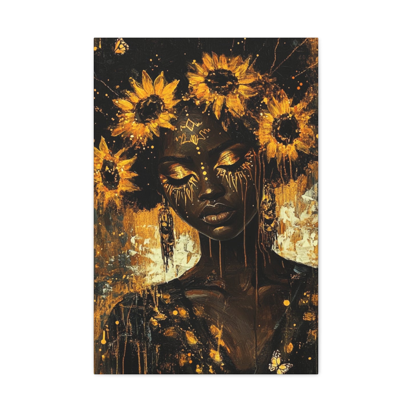 Sunflower Empress Canvas Art, Stretched, 1 25", Dark-Skinned Woman with Golden Tribal Markings, Afro Crowned with Sunflowers