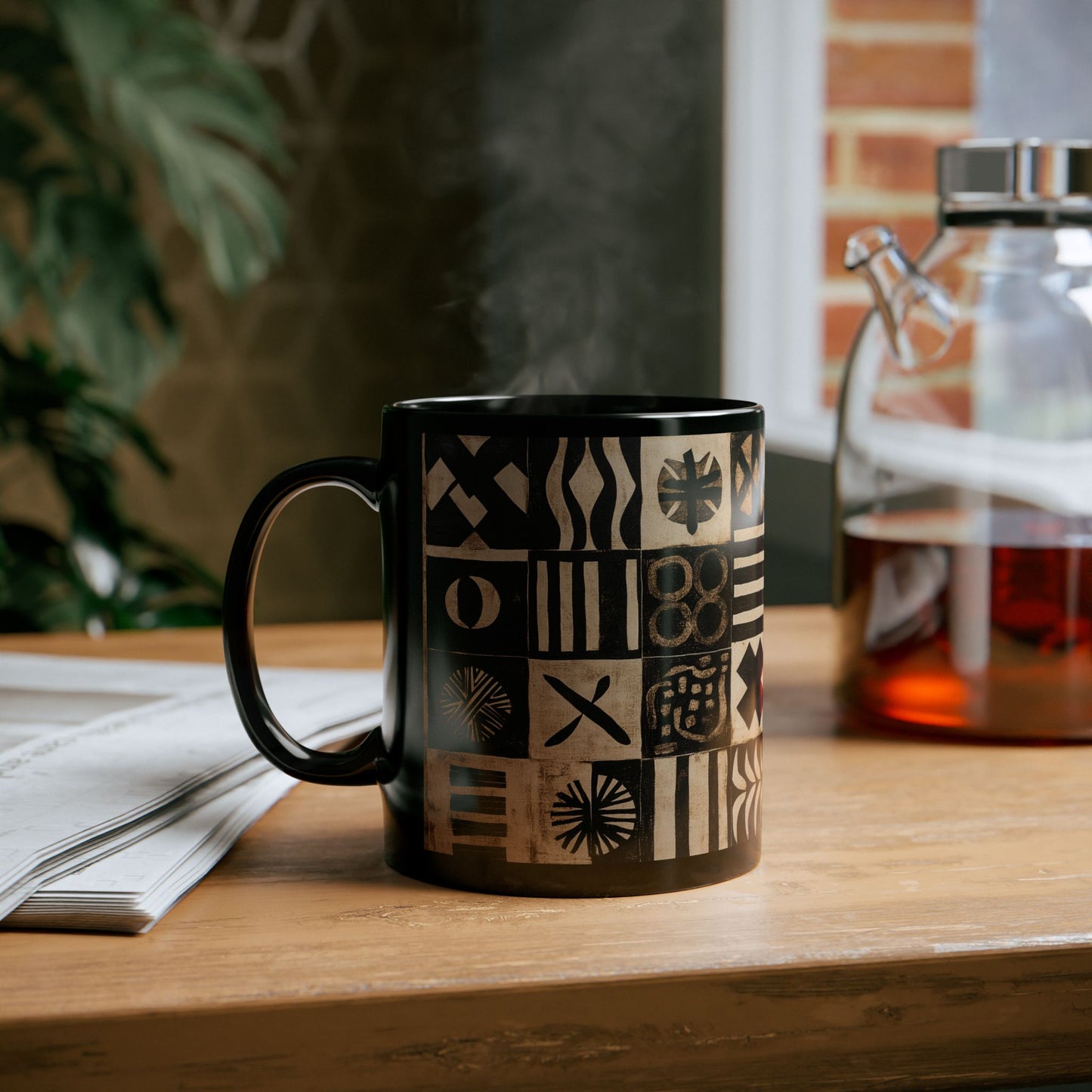 African Print Black Mug (11oz, 15oz), mud cloth cup, tribal, art, cultural gift, coffee lover
