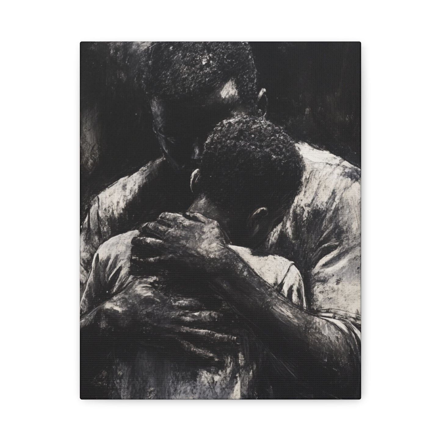 A Father's Embrace Canvas Print, Black Father and Son Charcoal Drawing, Matte Finish Artwork, Wall Decor Gift