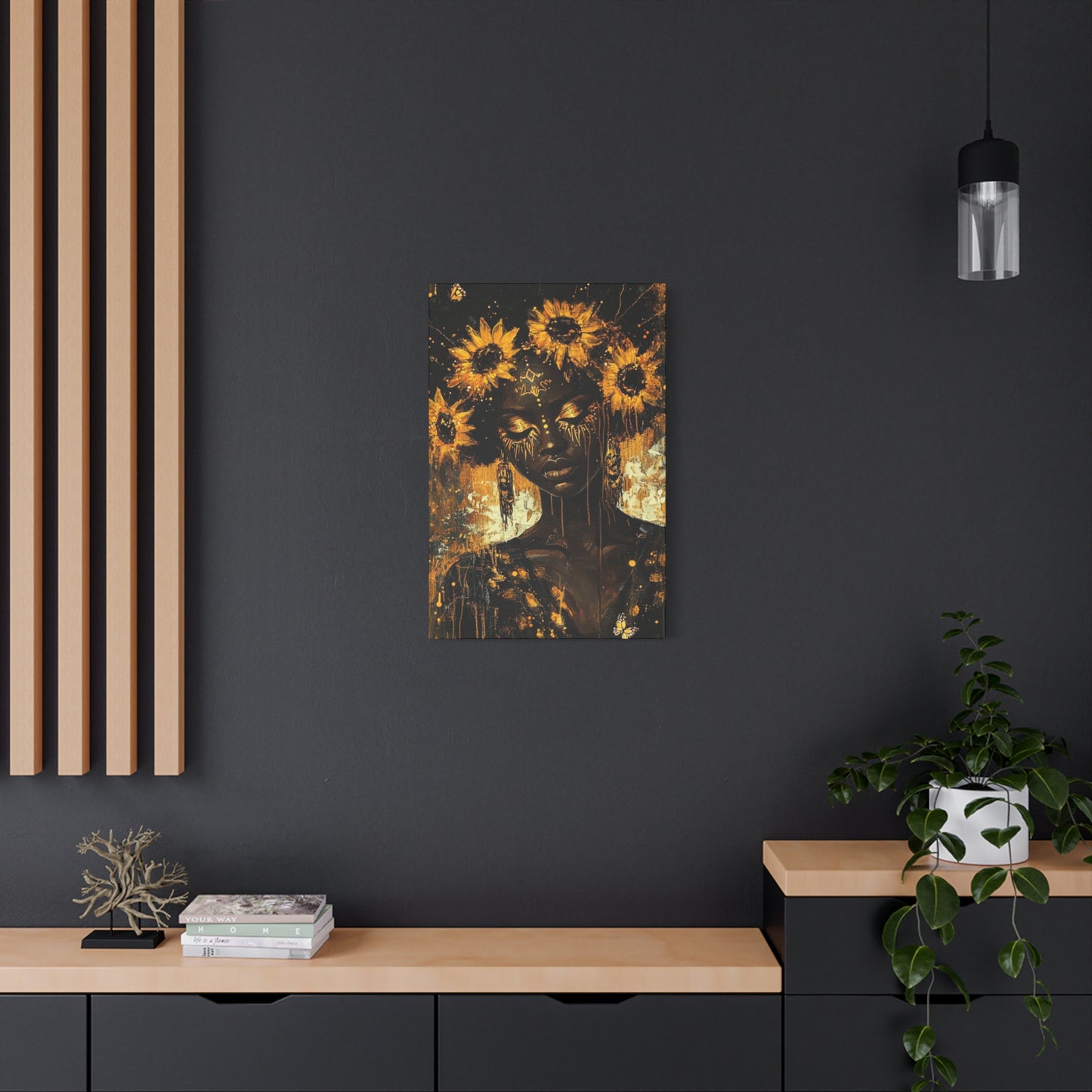 Sunflower Empress Canvas Art, Stretched, 1 25", Dark-Skinned Woman with Golden Tribal Markings, Afro Crowned with Sunflowers
