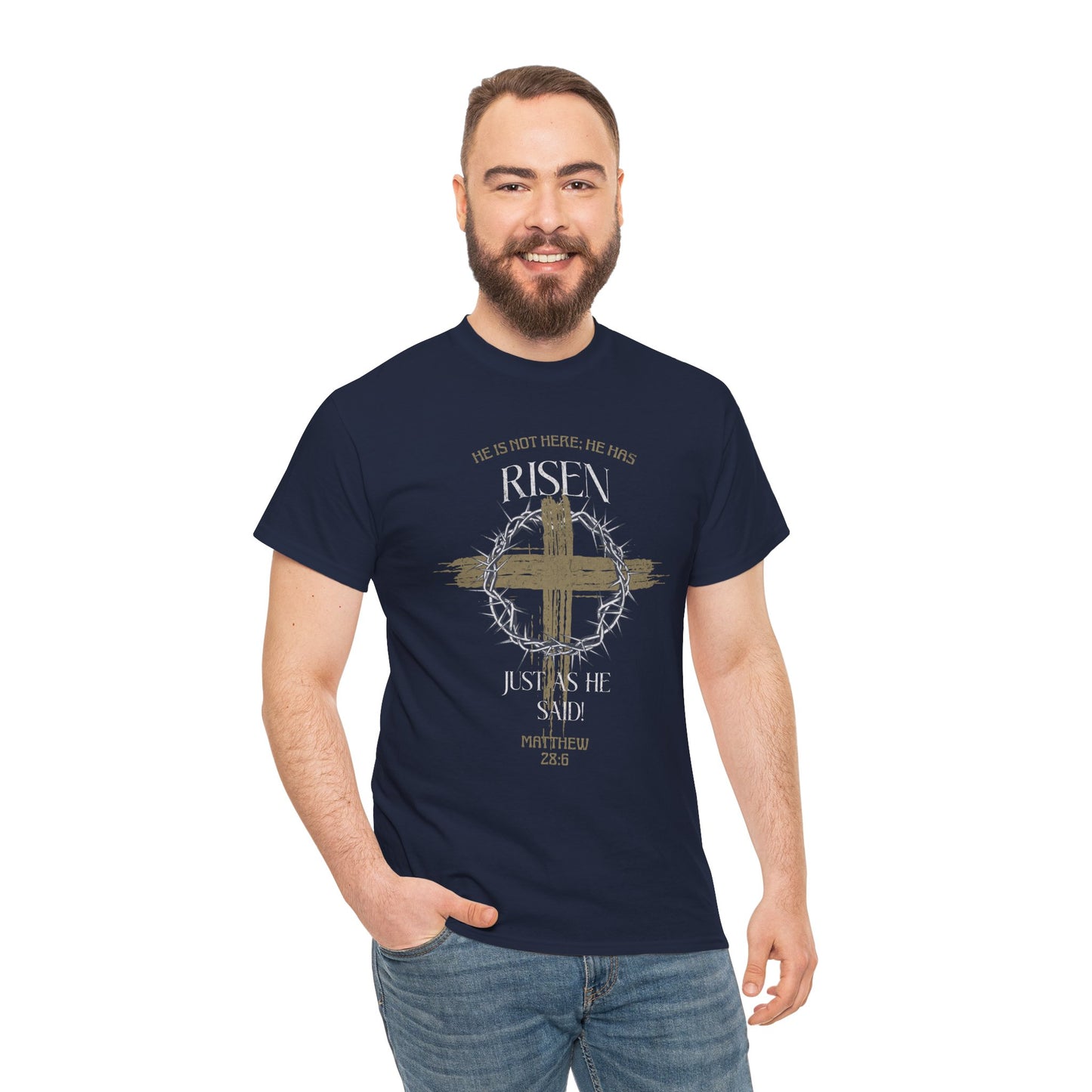 Christian Cross T-Shirt, Matthew 28:6 Scripture Tee, Religious Graphic Shirt, Unisex Cotton Top, Easter Gift, Inspirational Apparel