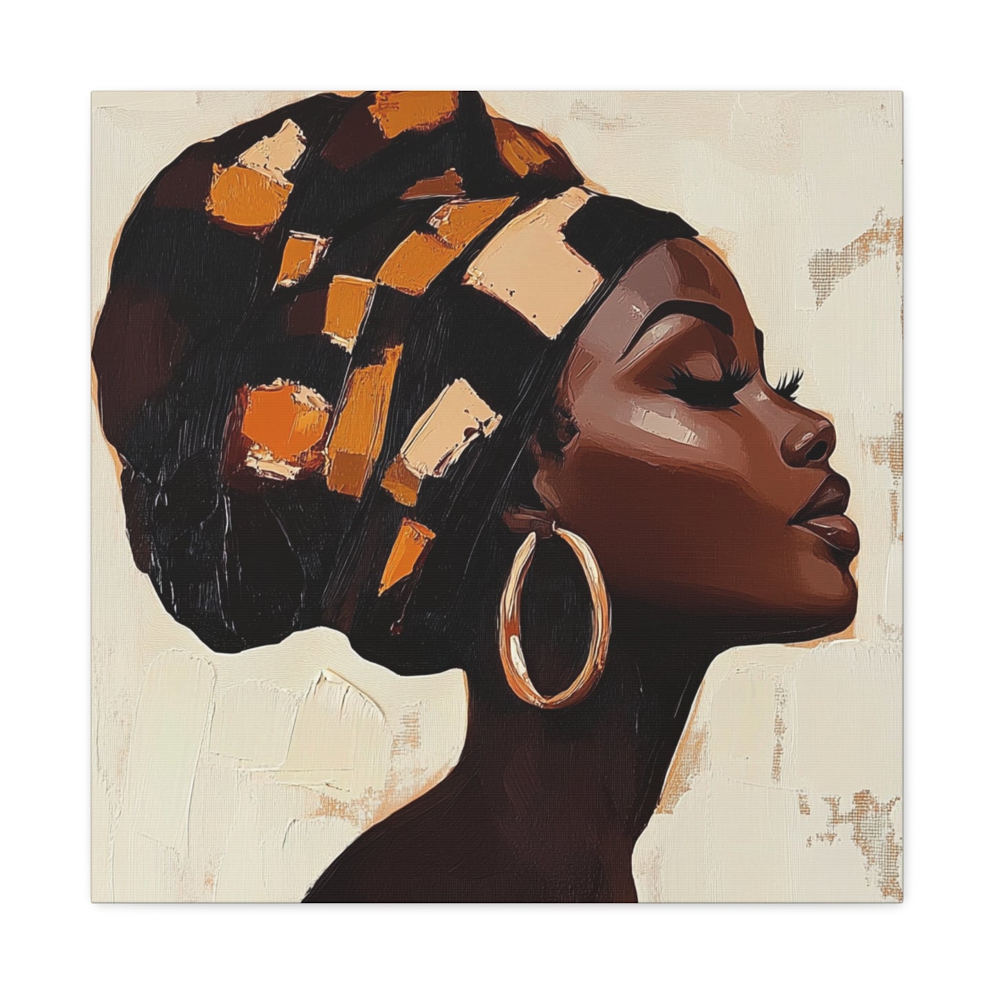 Wrapped in Wisdom Canvas Art, African American Woman Painting, Headwrap Hoop Earrings, Earth Tone Brush Strokes, Home Decor Wall Hanging,