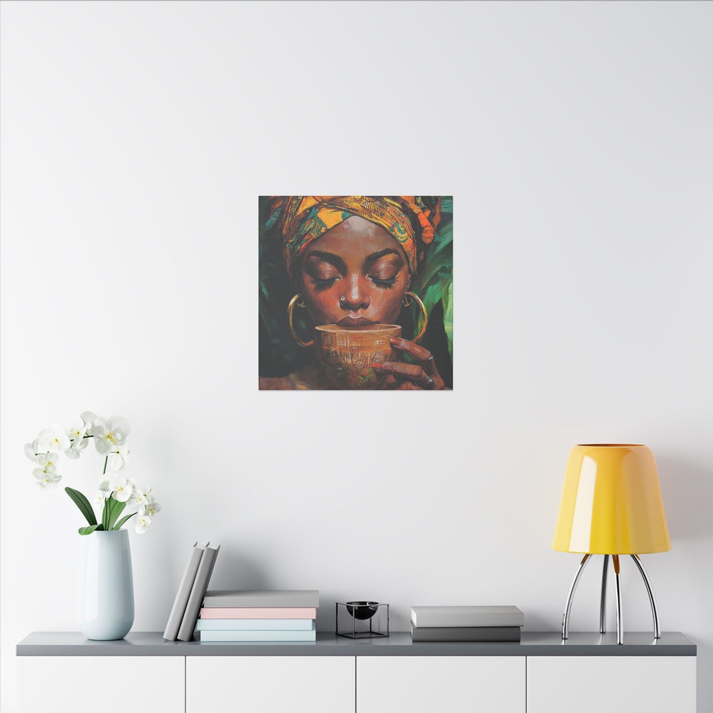 Sips of Serenity Matte Canvas, Stretched, 0.75", African art, nouveau, cultural wall hanging, decor