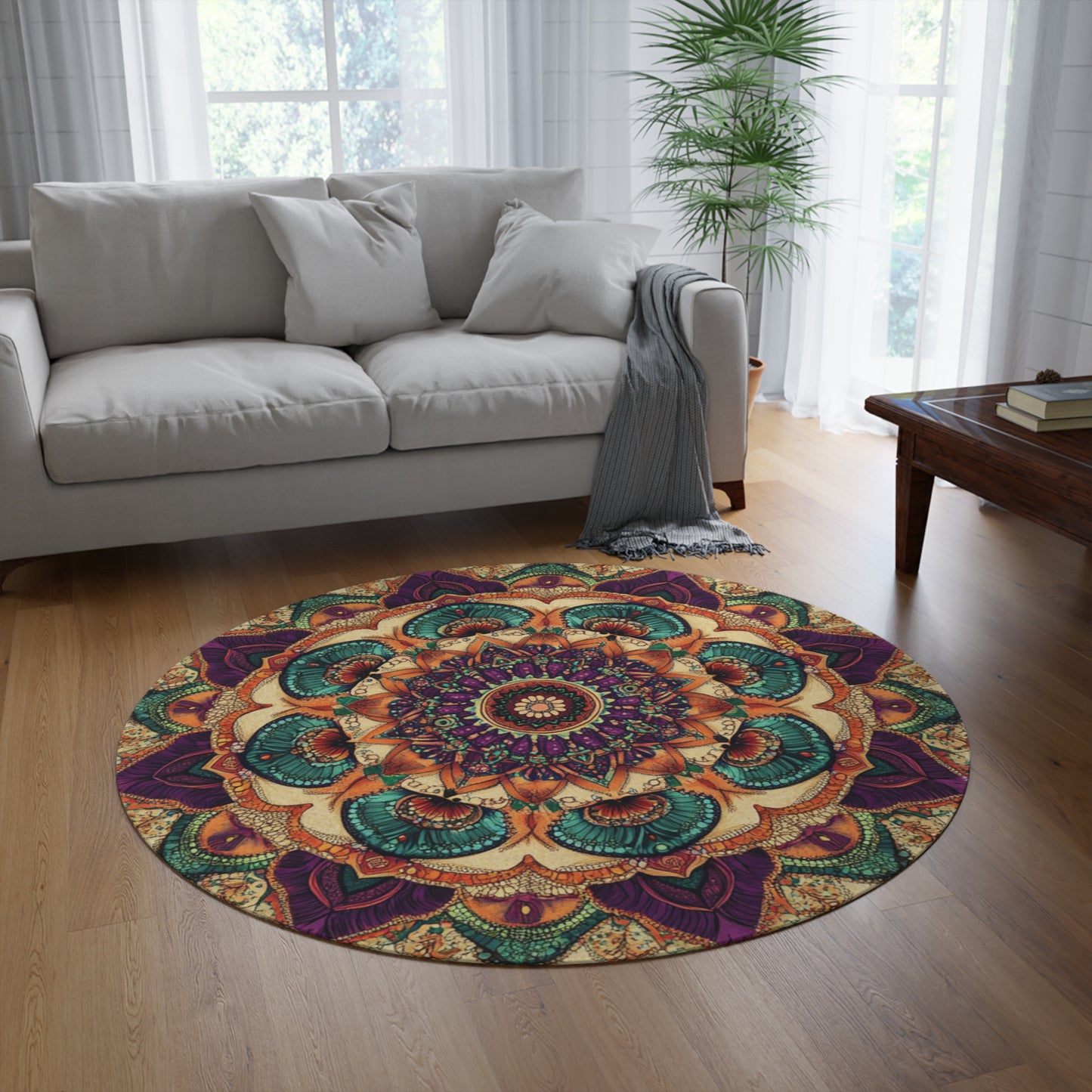 Mandala Rug, Boho Round Area Mat for Meditation Room, Vibrant Teal Purple Orange Design, Symmetrical Pattern, Beige Background, Alternative: