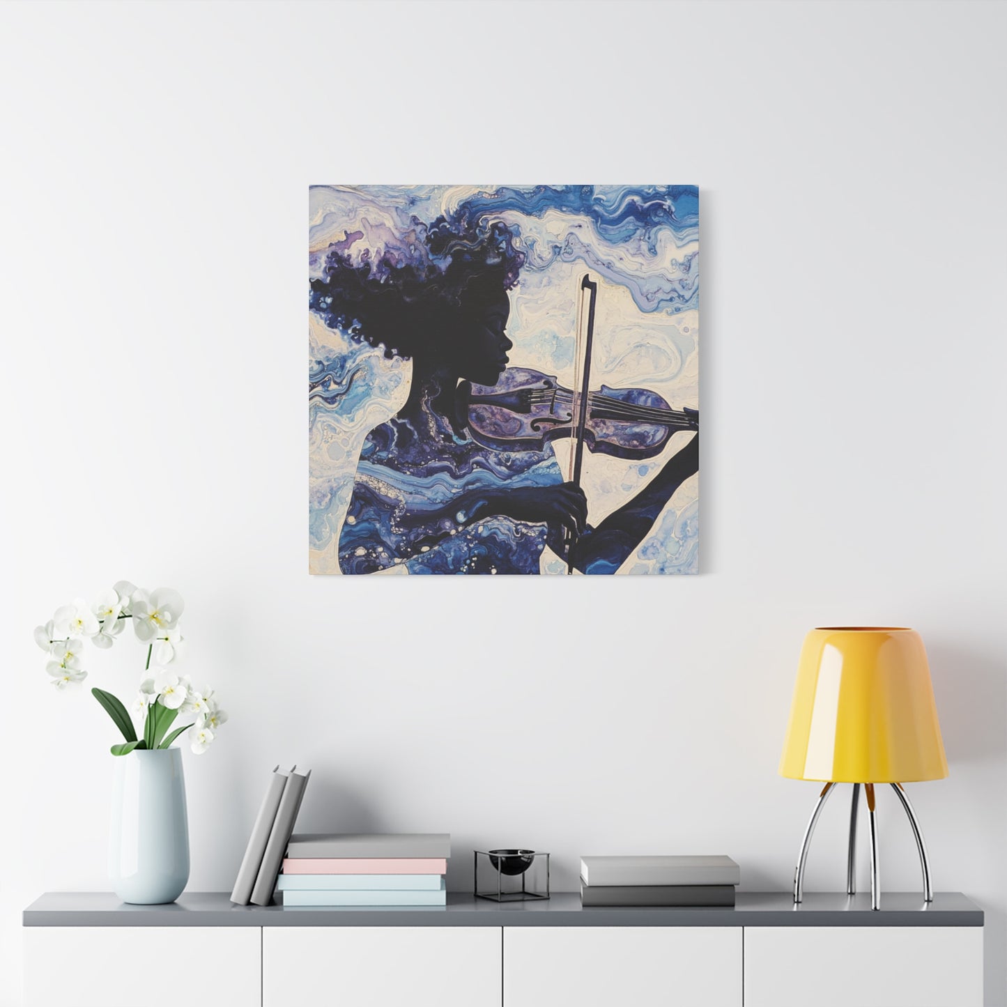 Canvas Art, Melodic Flow - Black Woman Playing Violin, Watercolor Painting, Music Notes, Blues and Purples, Ethereal Soulful Design, Wall