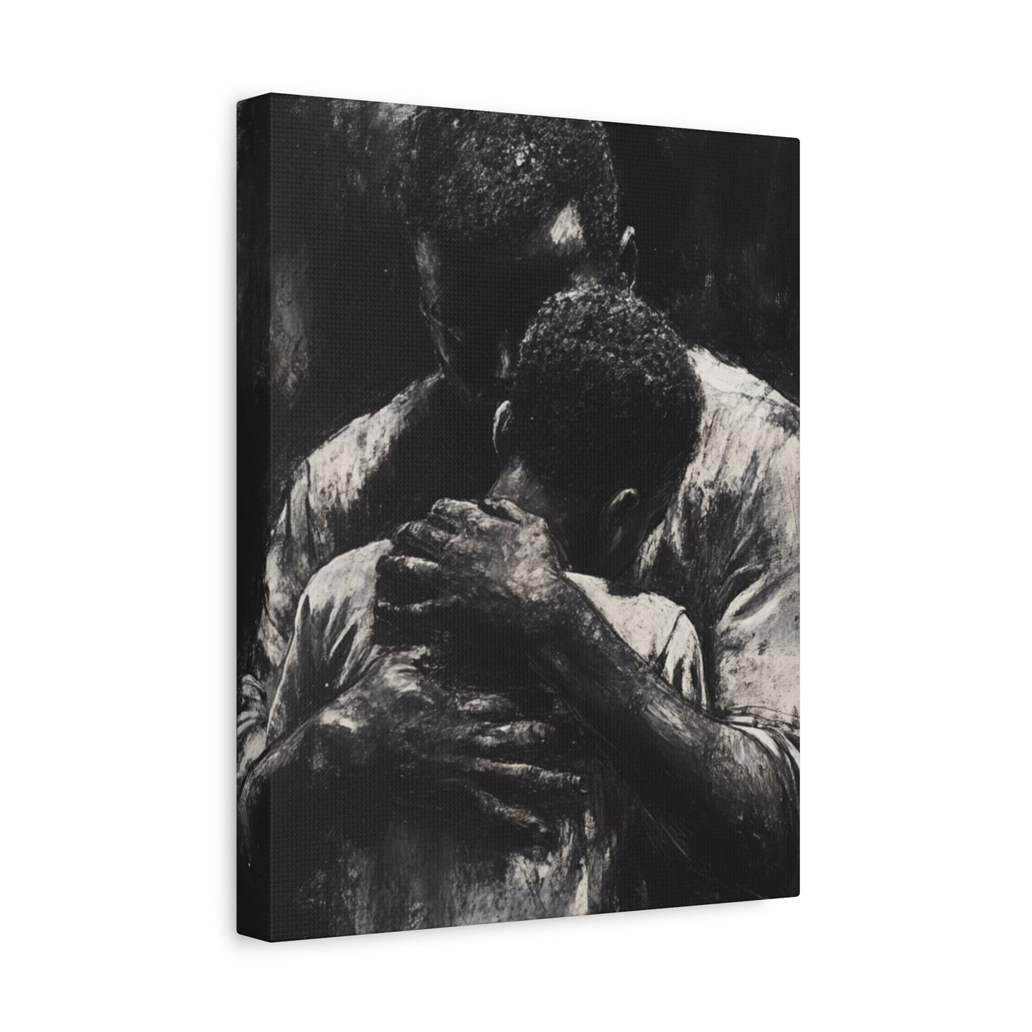 A Father's Embrace Canvas Print, Black Father and Son Charcoal Drawing, Matte Finish Artwork, Wall Decor Gift