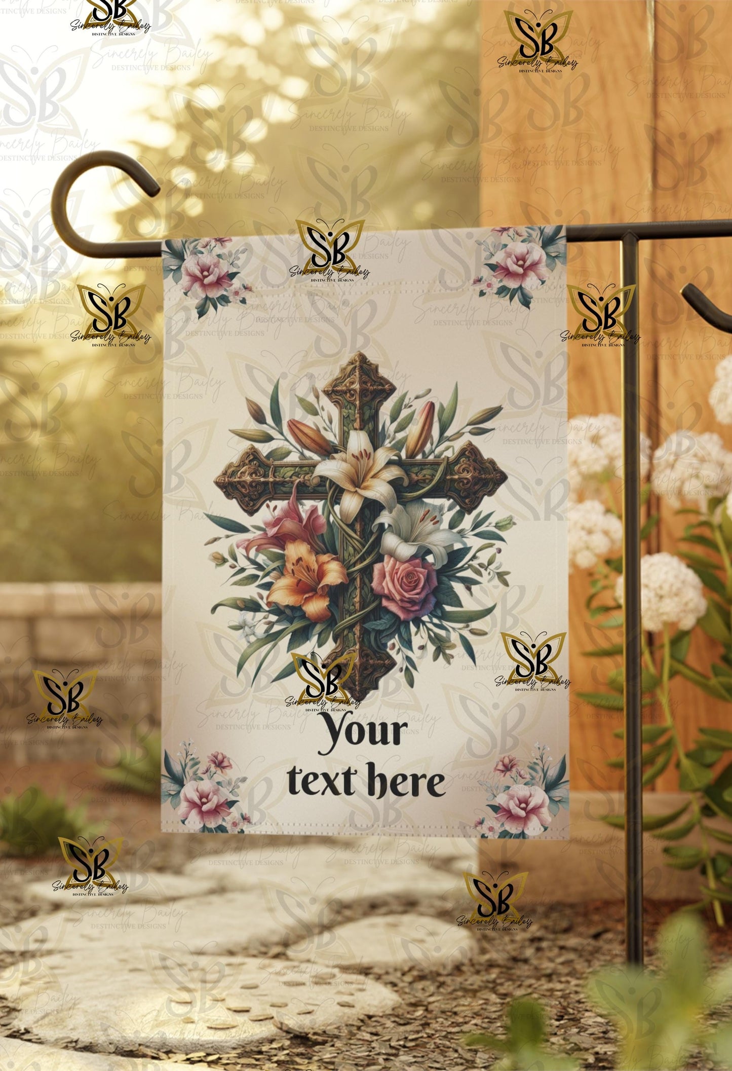 Personalized Floral Cross Garden Banner - Outdoor Decor, Yard Sign, Religious Home Decoration, Garden Flag, Memorial Tribute